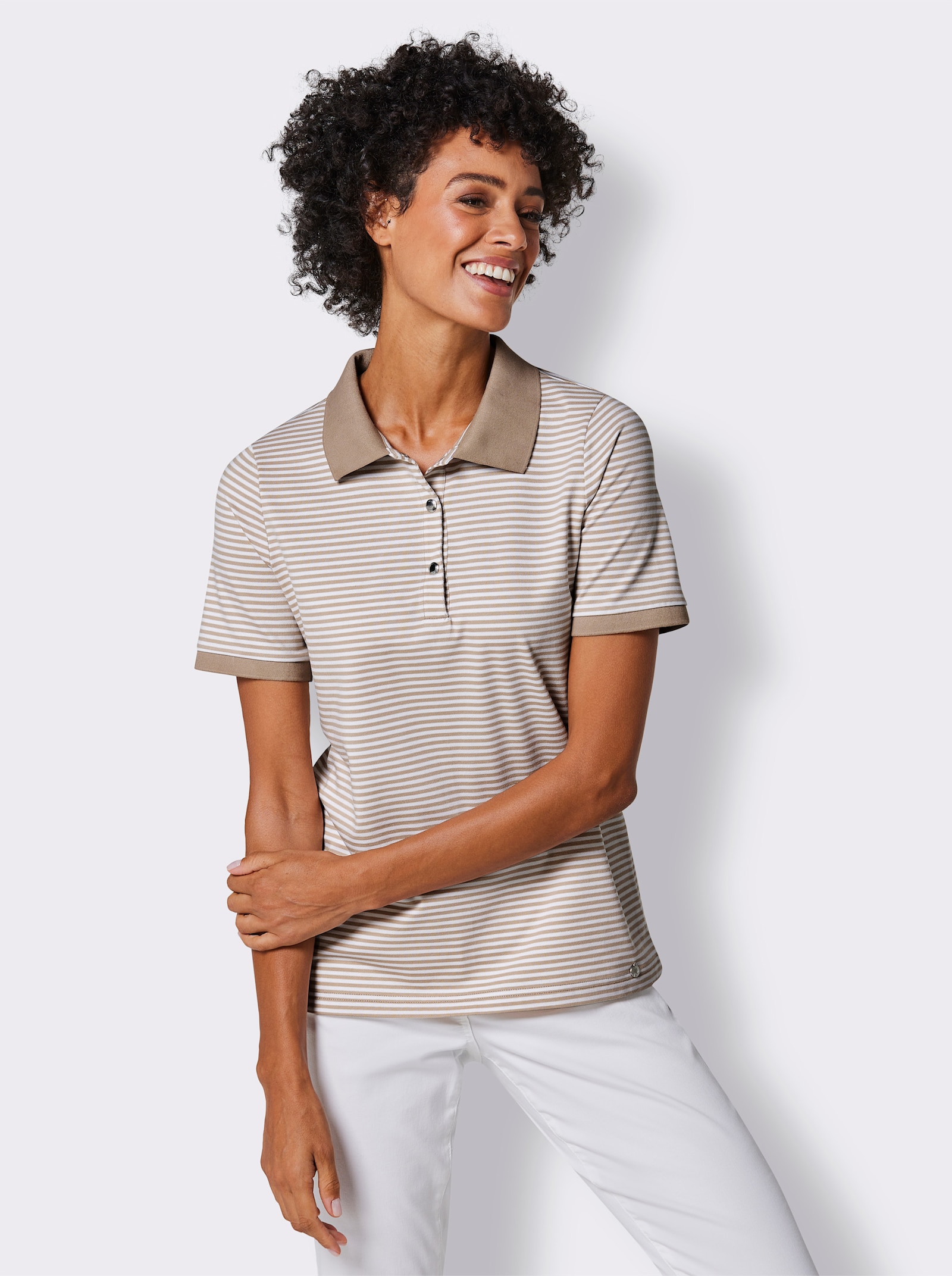 CREATION L PREMIUM Poloshirt mit Druckknöpfen - beige-weiß-geringelt