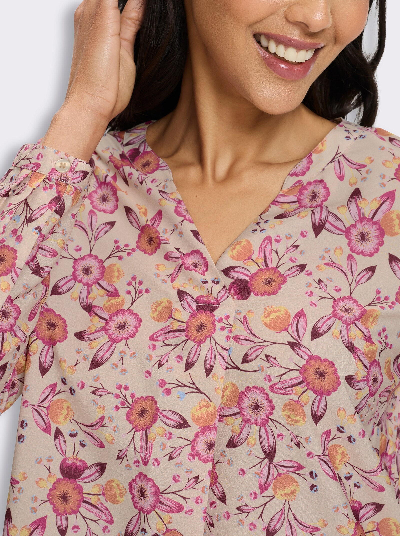 Tunika mit Blüten- und Bordürenprint - elfenbein-burgund-bedruckt