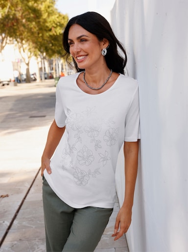 Rundhalsshirt mit Glitzersteinchen-Blüten - weiß