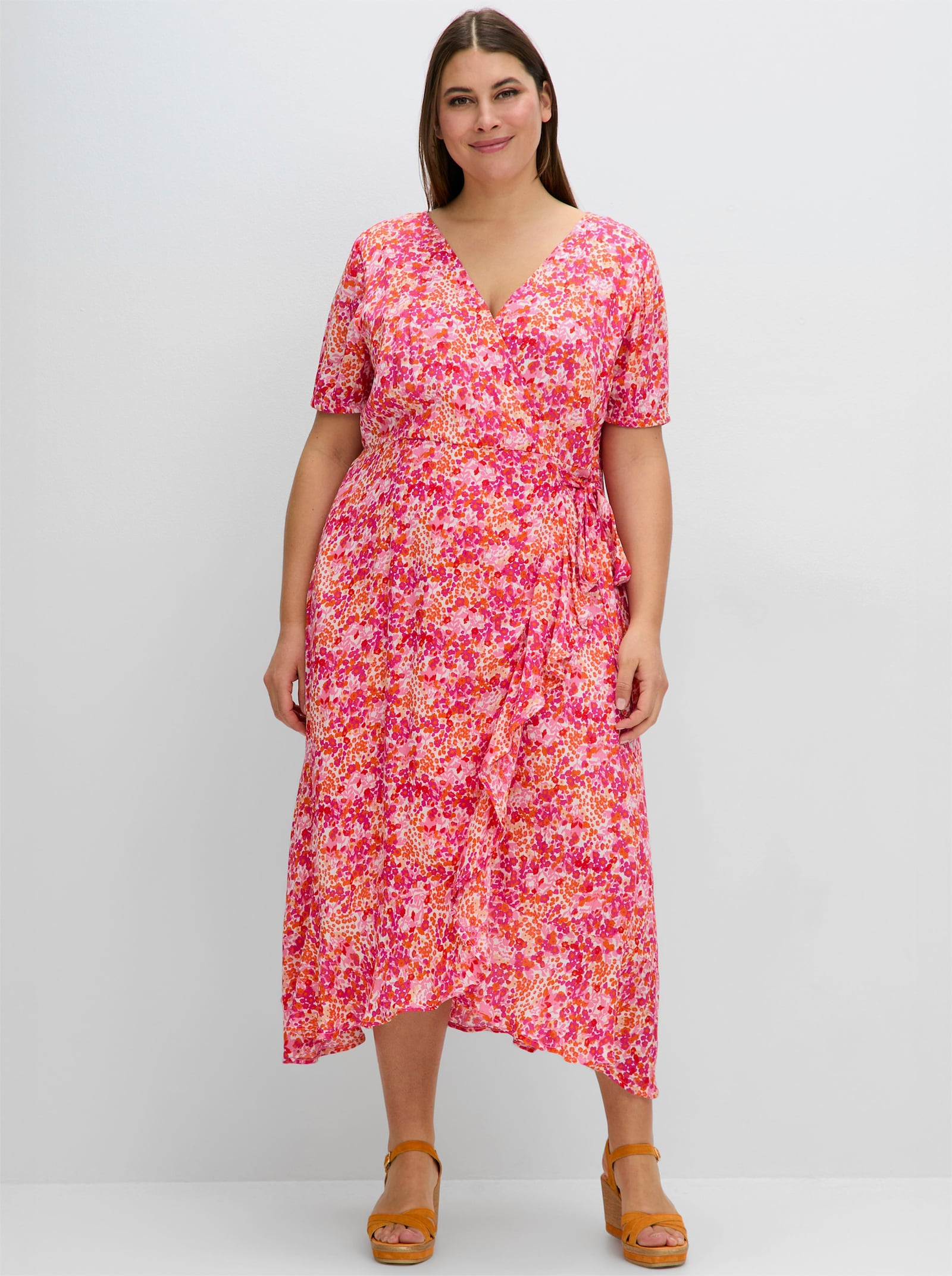 sheego Maxikleid in Wickeloptik - pink gemustert