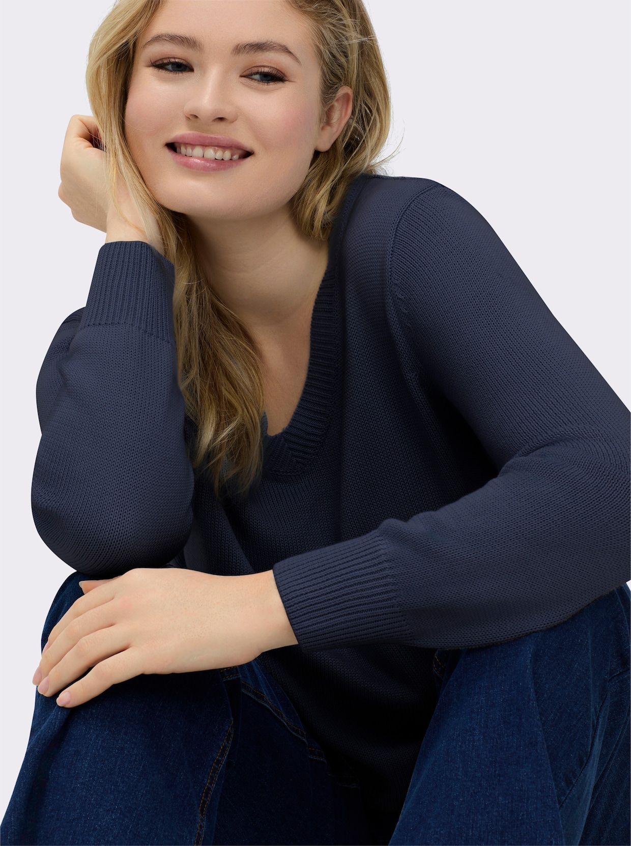 V-Ausschnitt-Pullover mit Baumwolle - marine