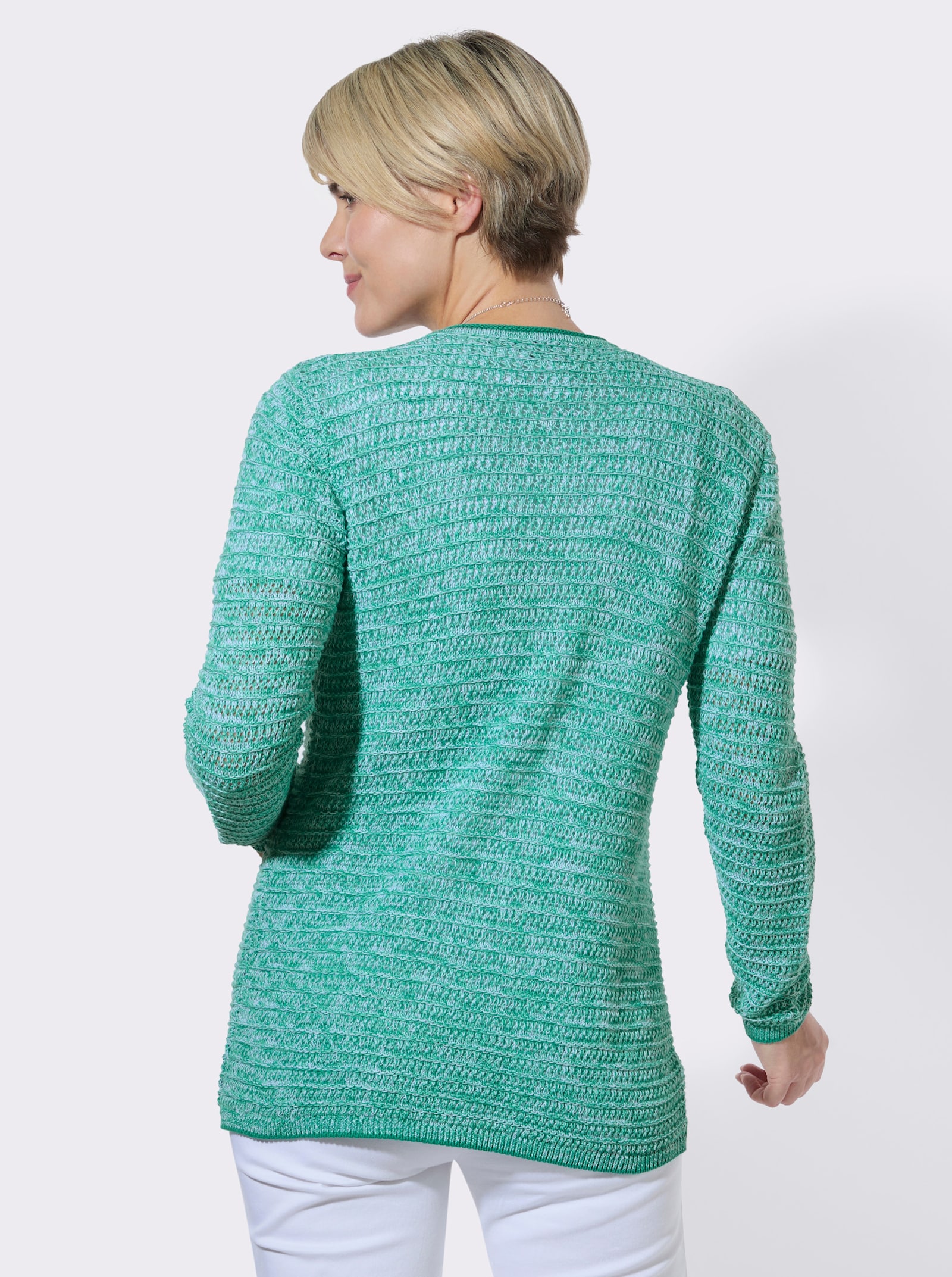 Strickjacke im Ajourmuster - smaragd-meliert