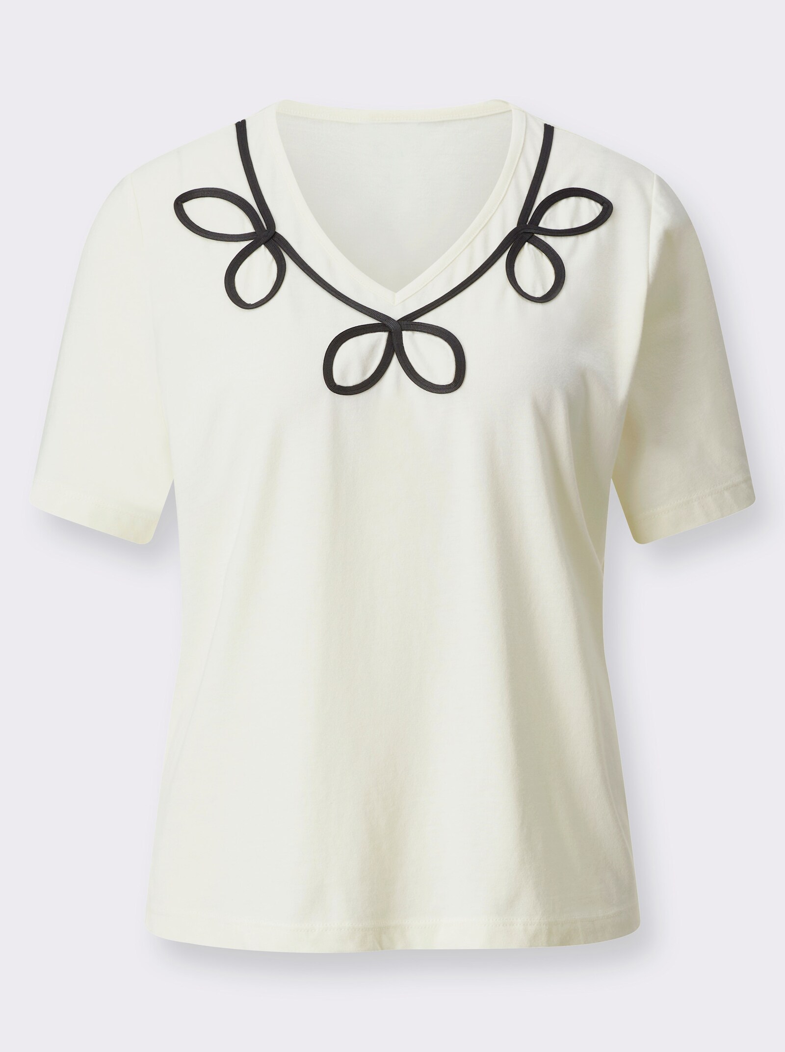 Tričko s krátkým rukávem s klikatou výšivkou - šampaňská-černá-vzor