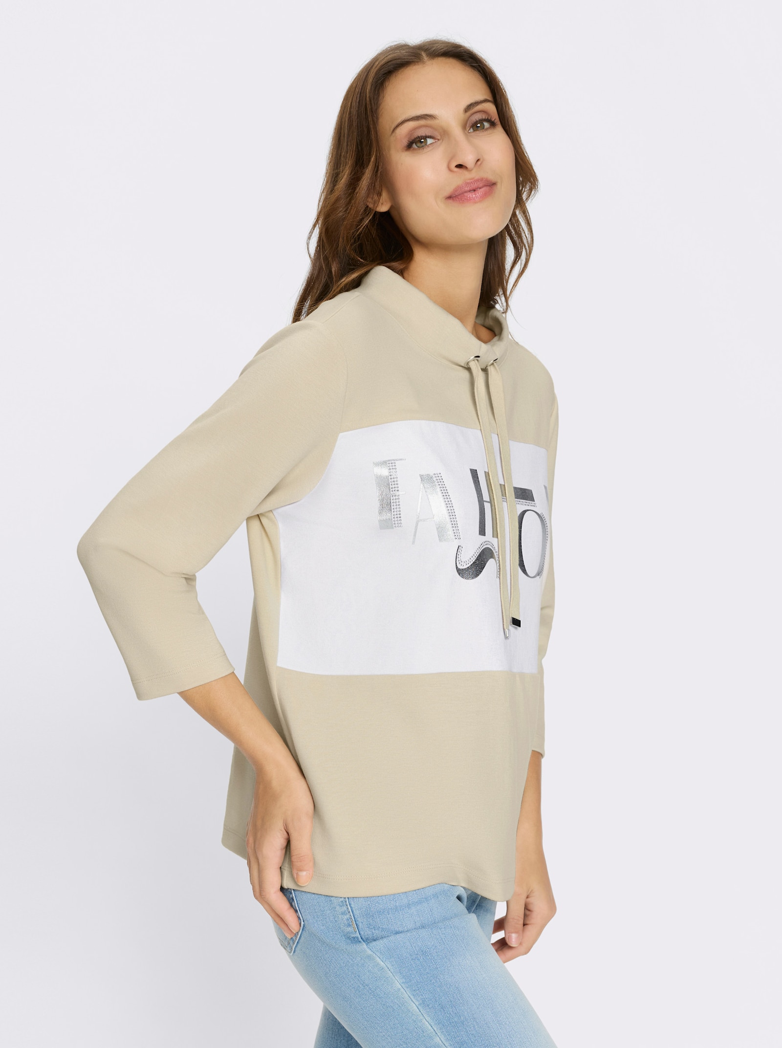 Sweatshirt mit Folienprint-Schriftzug - sand-weiß-geringelt