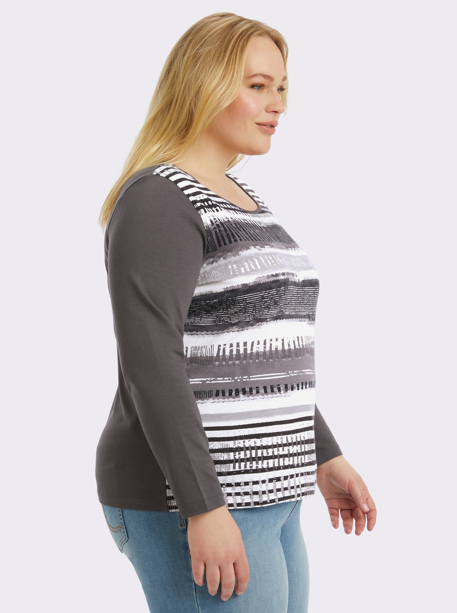 Langarmshirt mit grafischem Muster vorne - dunkelgrau-gestreift