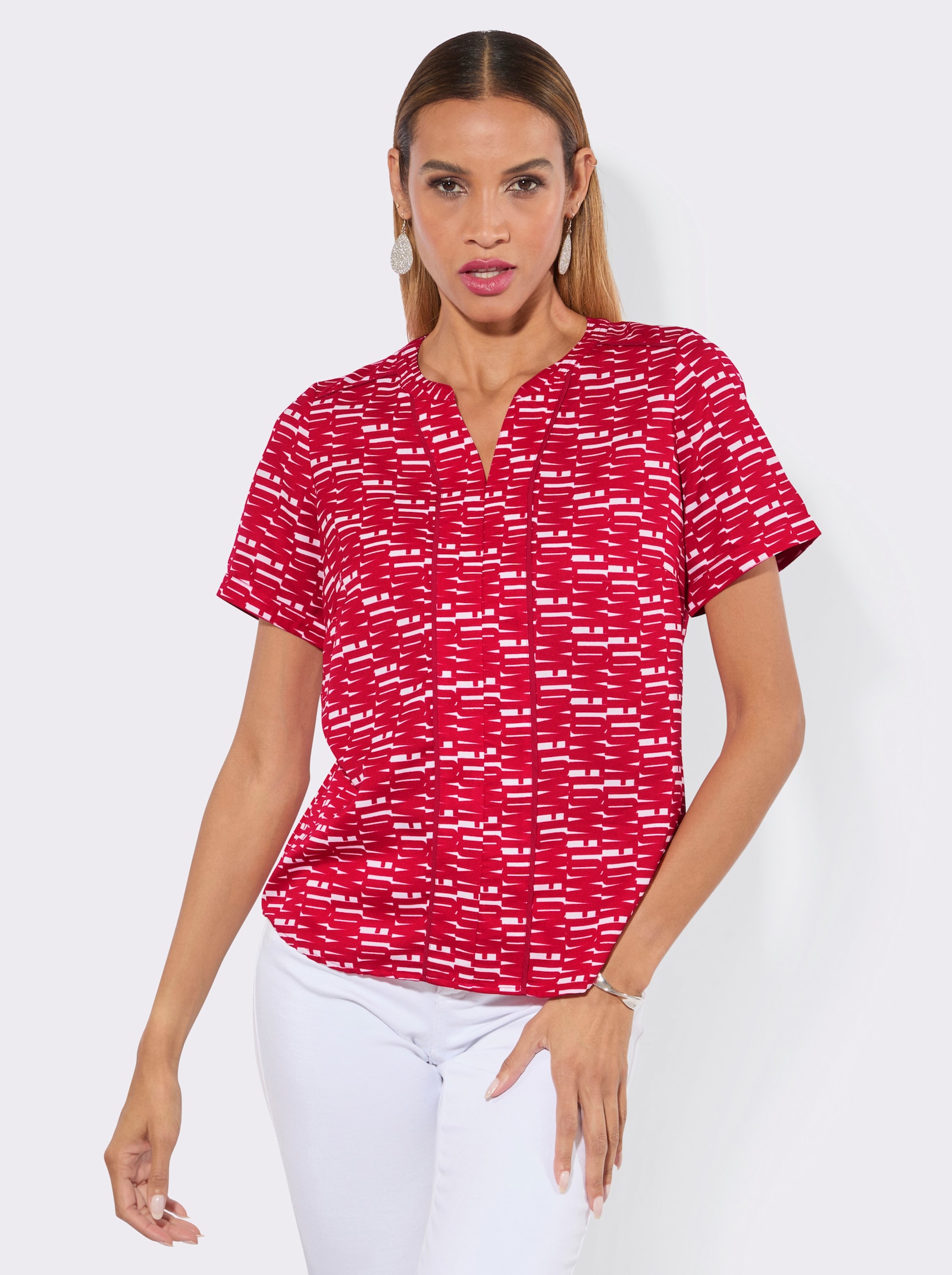 Druckbluse mit Paspeln - rot-weiß