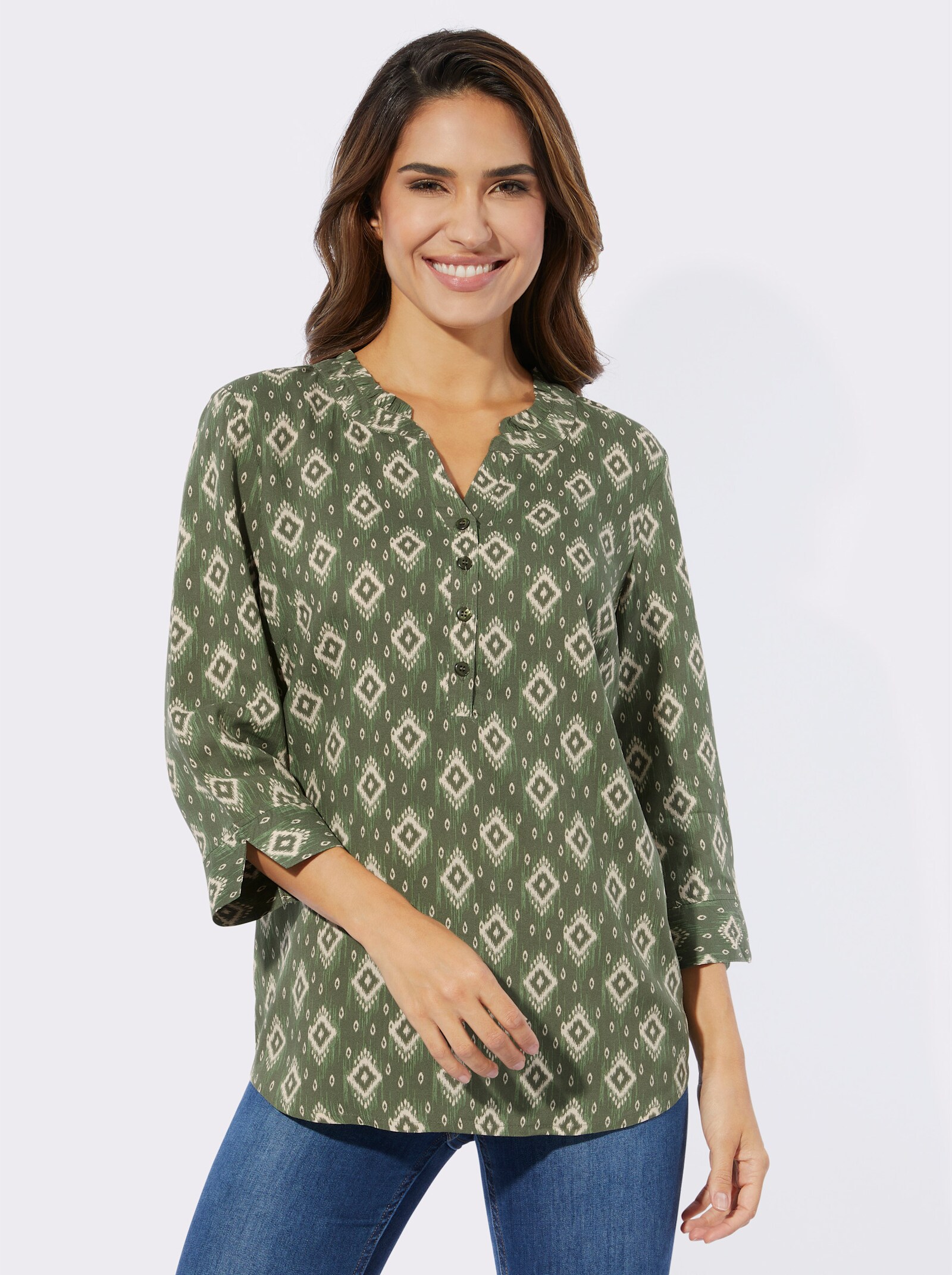 Comfortblouse met etnopatroon - kaki/zand/bedrukt