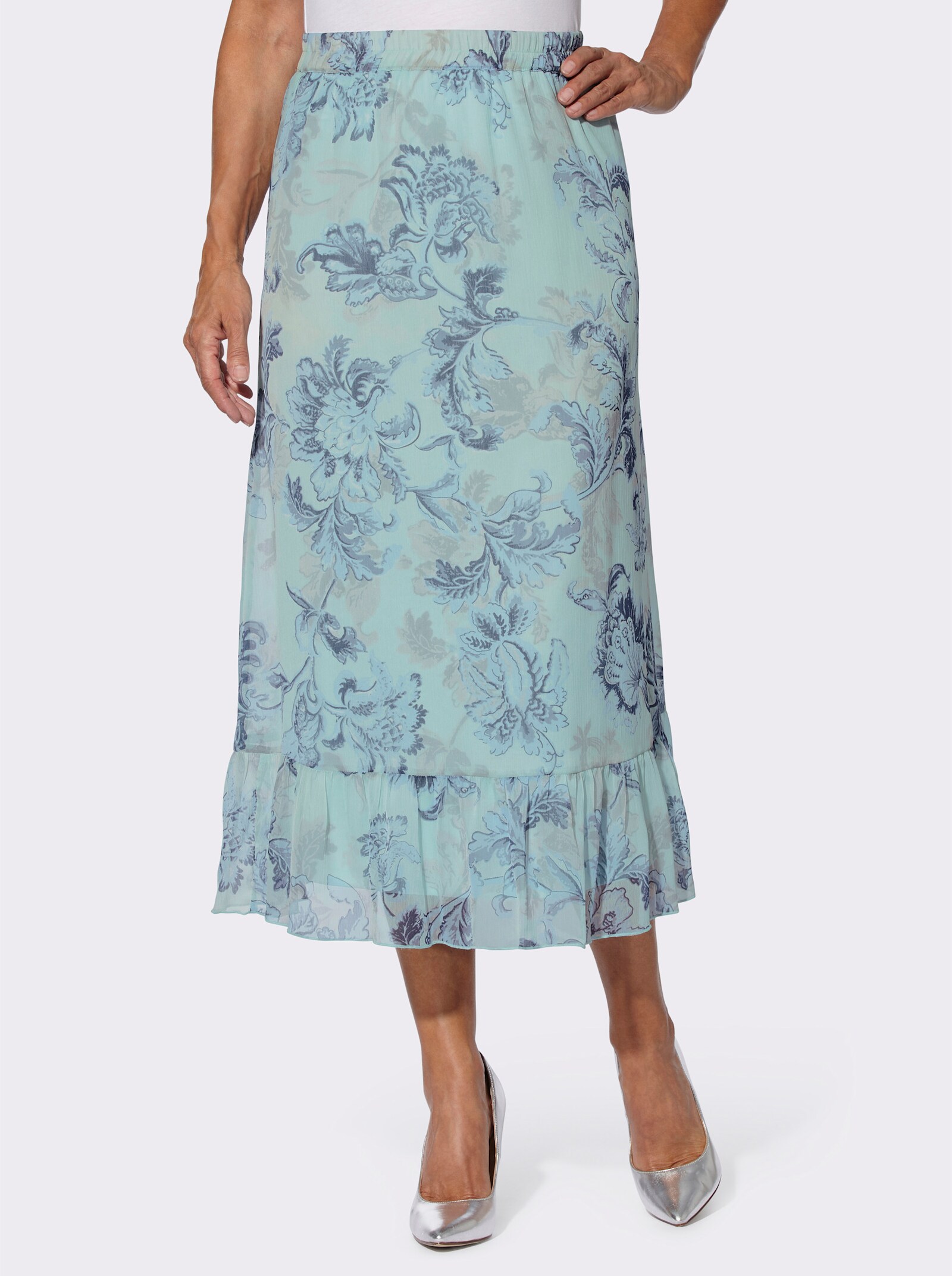 Volantrok met bloemenprint - kalkmint/rookblauw bedrukt