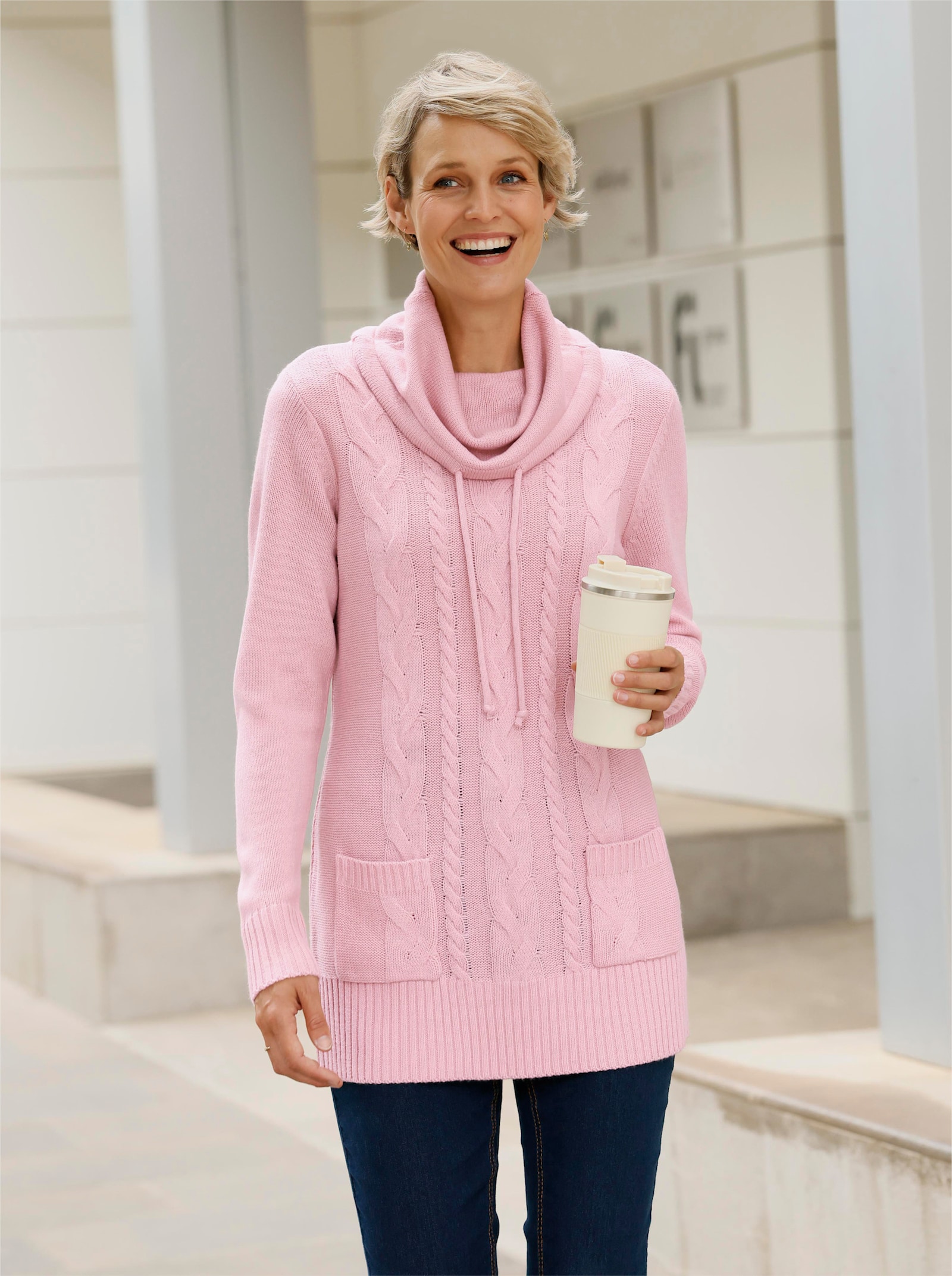 Longpullover mit aufgesetzten Taschen - hortensie