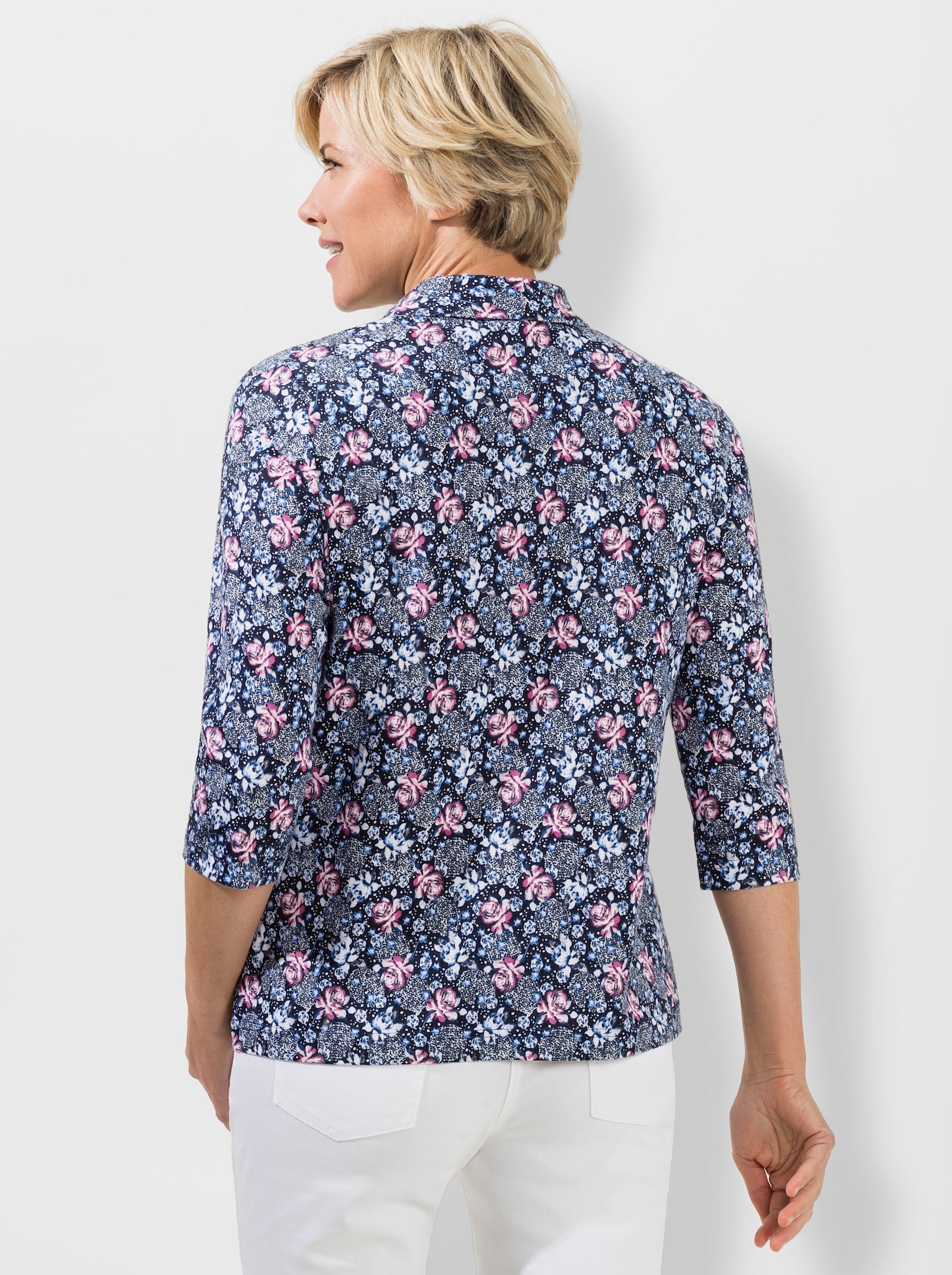 Poloshirt mit Glitzersteinchen - marine-altrosa-bedruckt