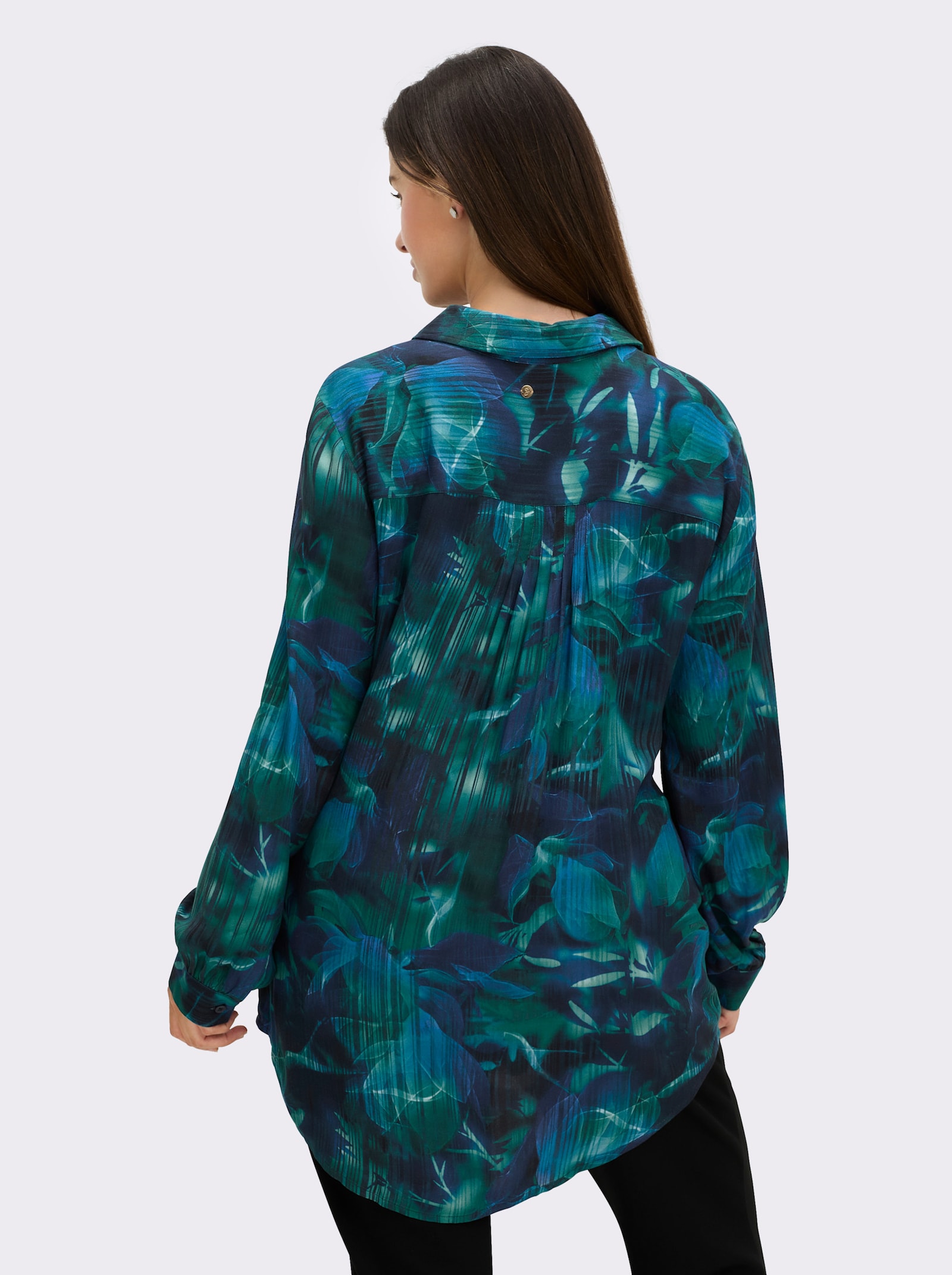 sheego Longbluse mit Blumenprint und Streifen - tiefblau-bedruckt