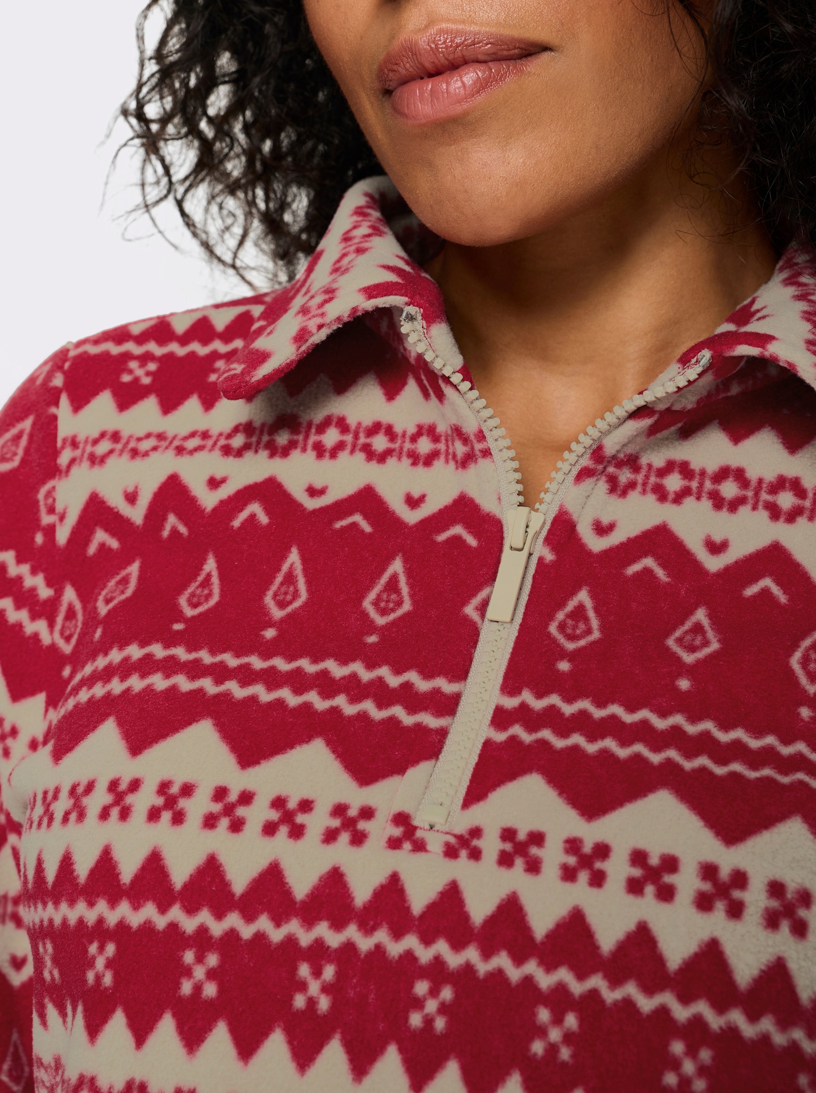 Fleeceshirt mit Streifen-Muster - rot-beige-bedruckt