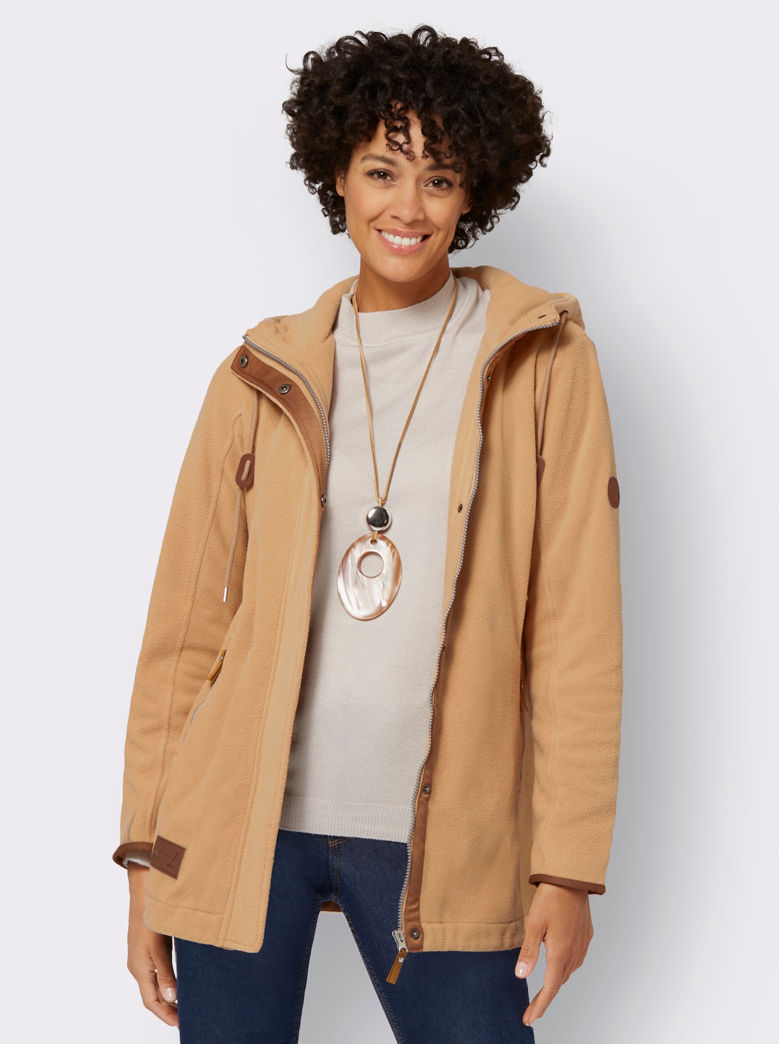 Fleecejack met capuchon en blinde ritssluiting - camel