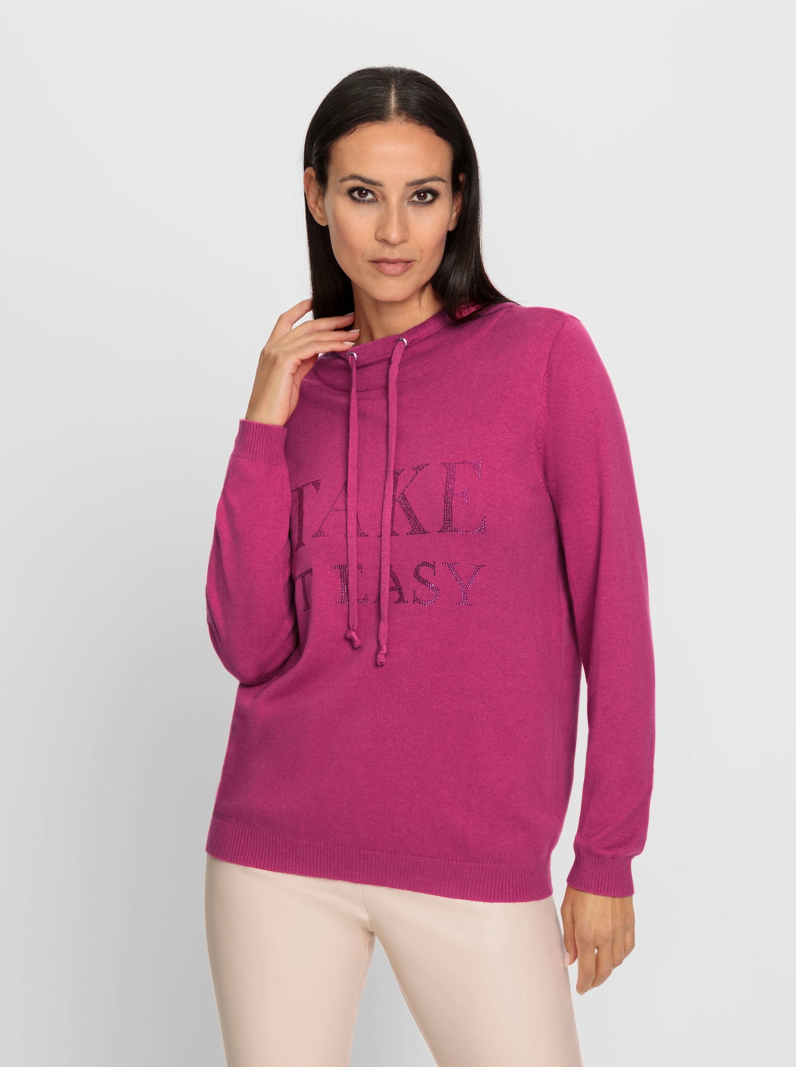 heine Stehkragenpullover mit Glitzersteinchen-Schriftzug - fuchsia