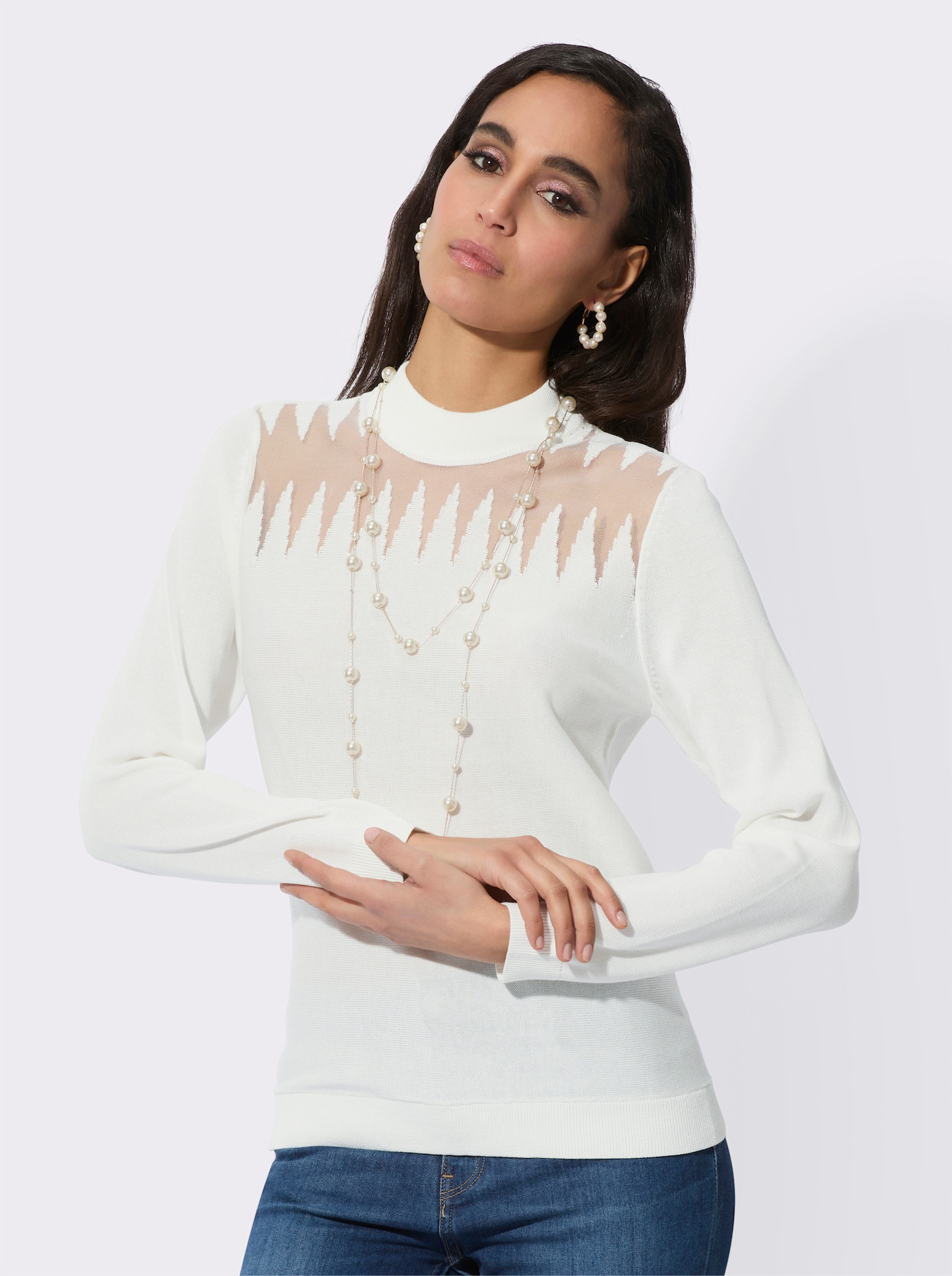 Feinstrickpullover mit transparenten Partien - ecru