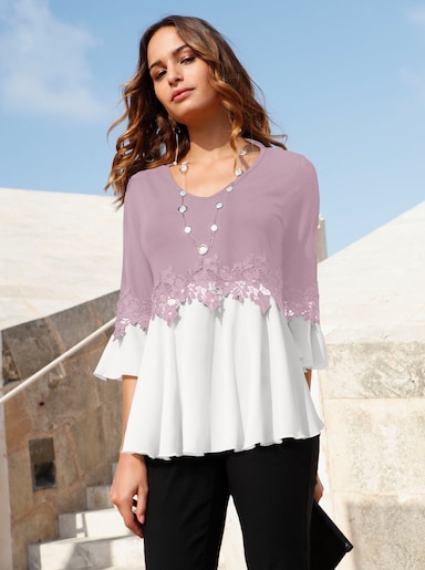 V-Shirt - mauve-weiß