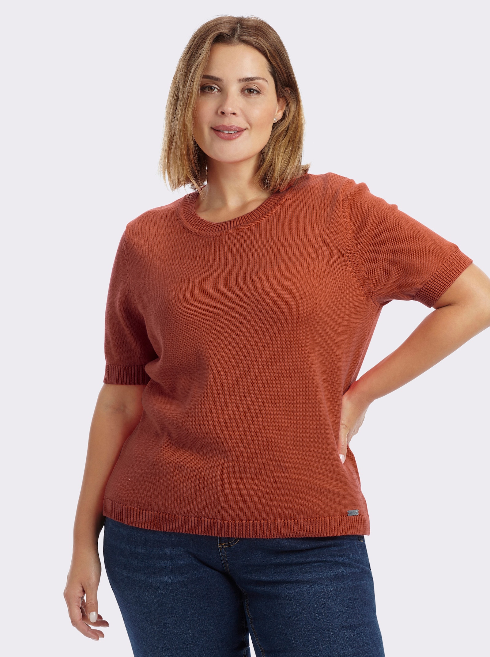 Kurzarmpullover mit Rippabschlüssen - rostrot