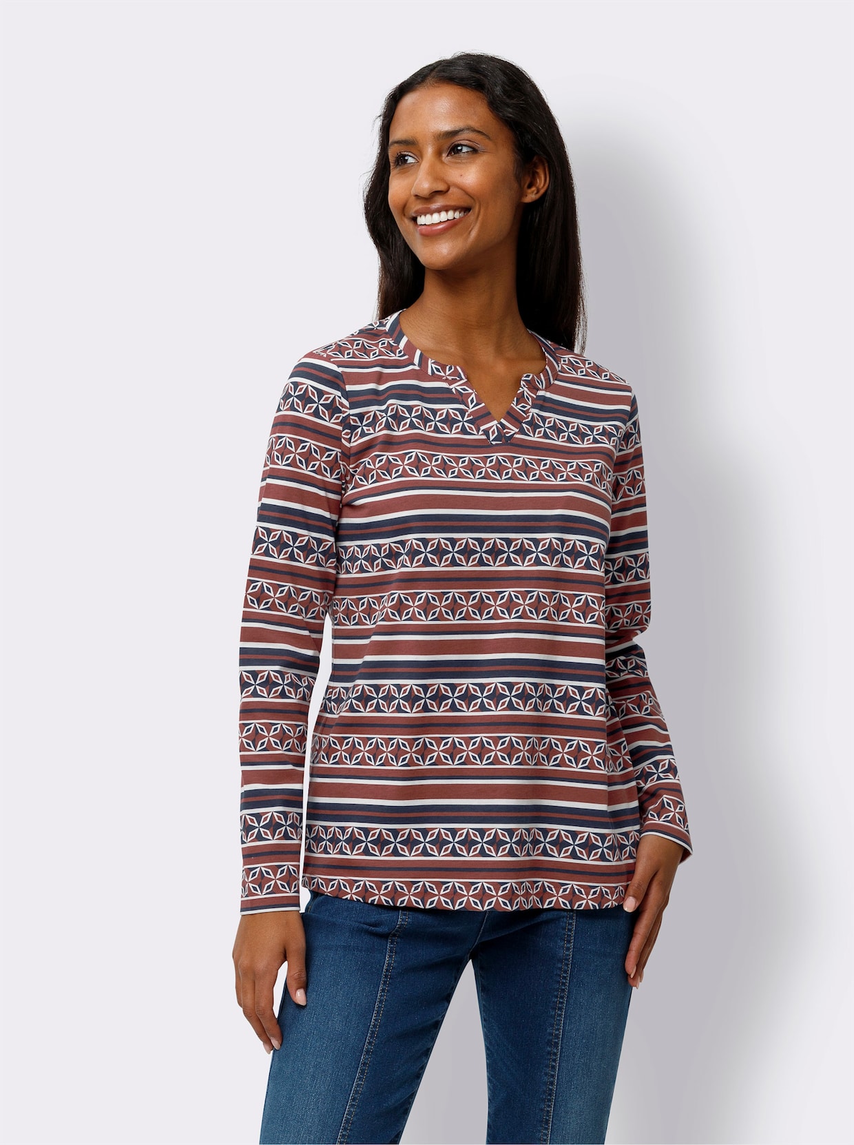 heine Shirt met lange mouwen - marine/roodbruin bedrukt