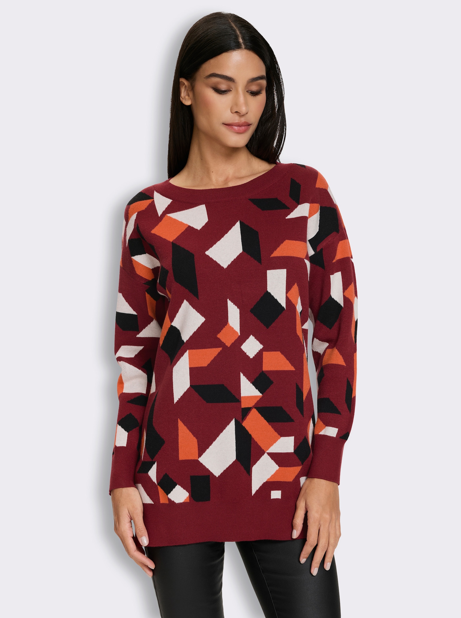 heine Longpullover mit Grafikmuster - dunkelrot-champagner-gemustert