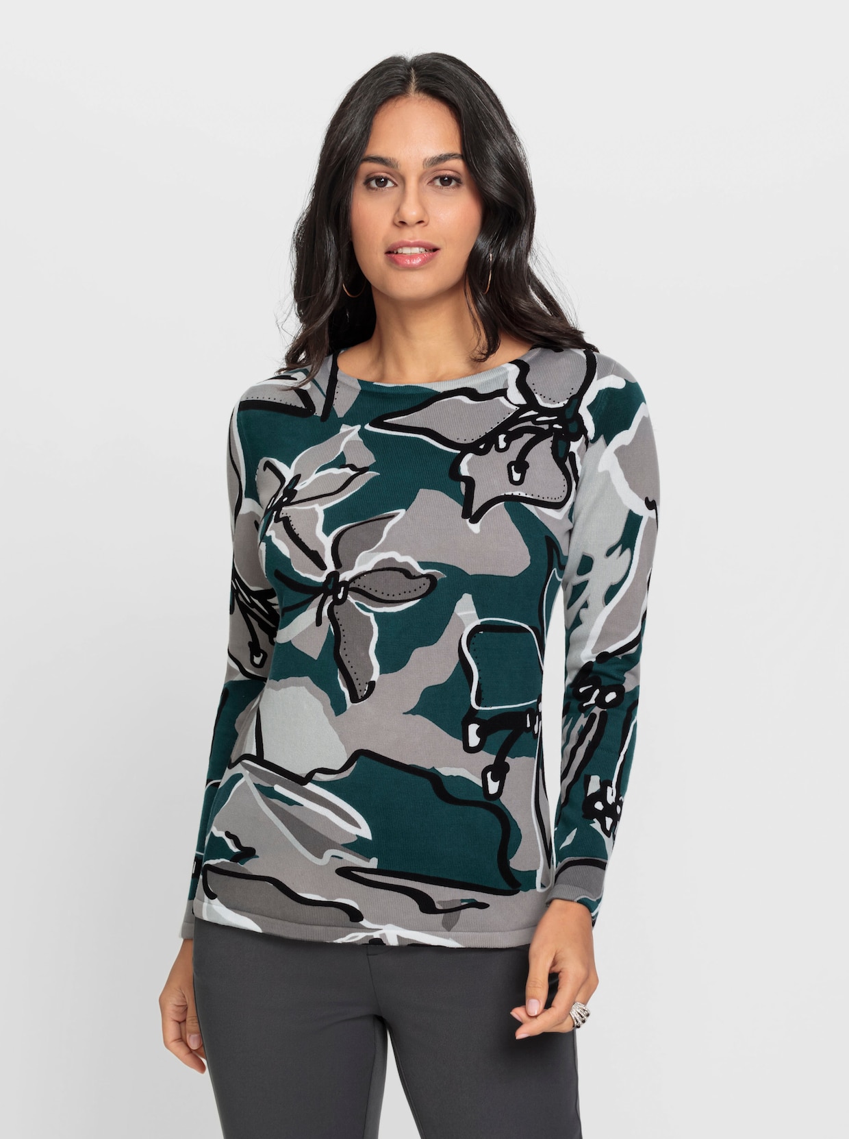 Pullover met lange mouwen - lichtgrijs/petrol bedrukt