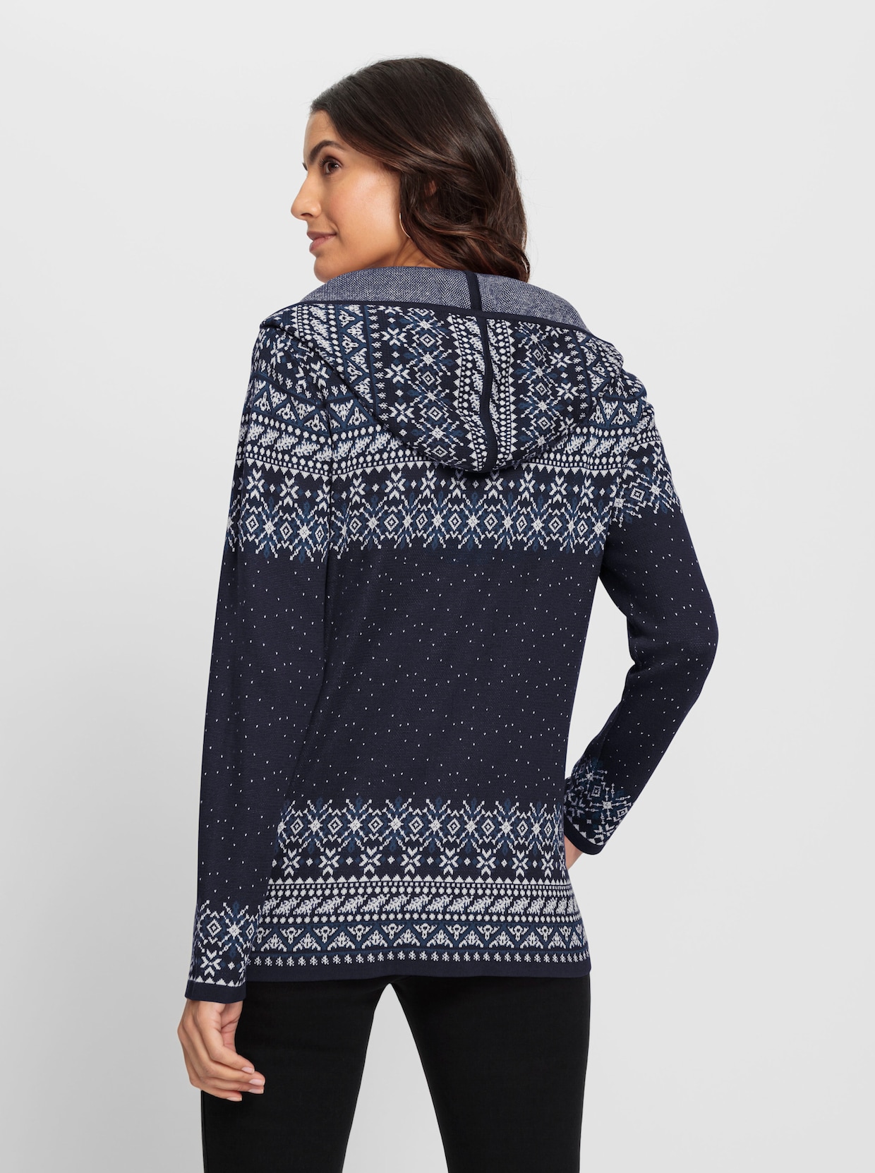Jacquardstrickjacke - marine-ecru-gemustert