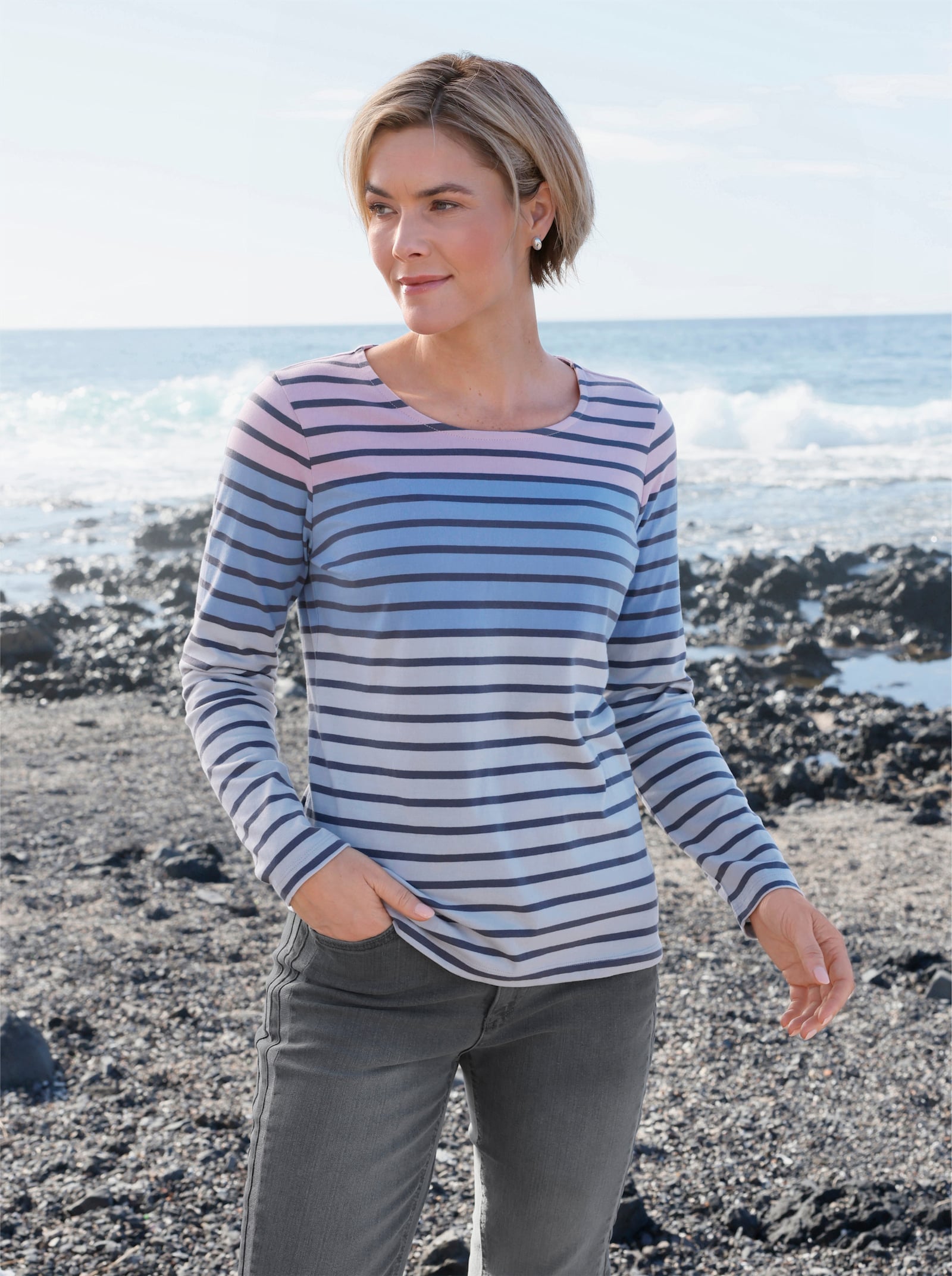 Langarmshirt im Ringel-Dessin - hellgrau-rosé-geringelt