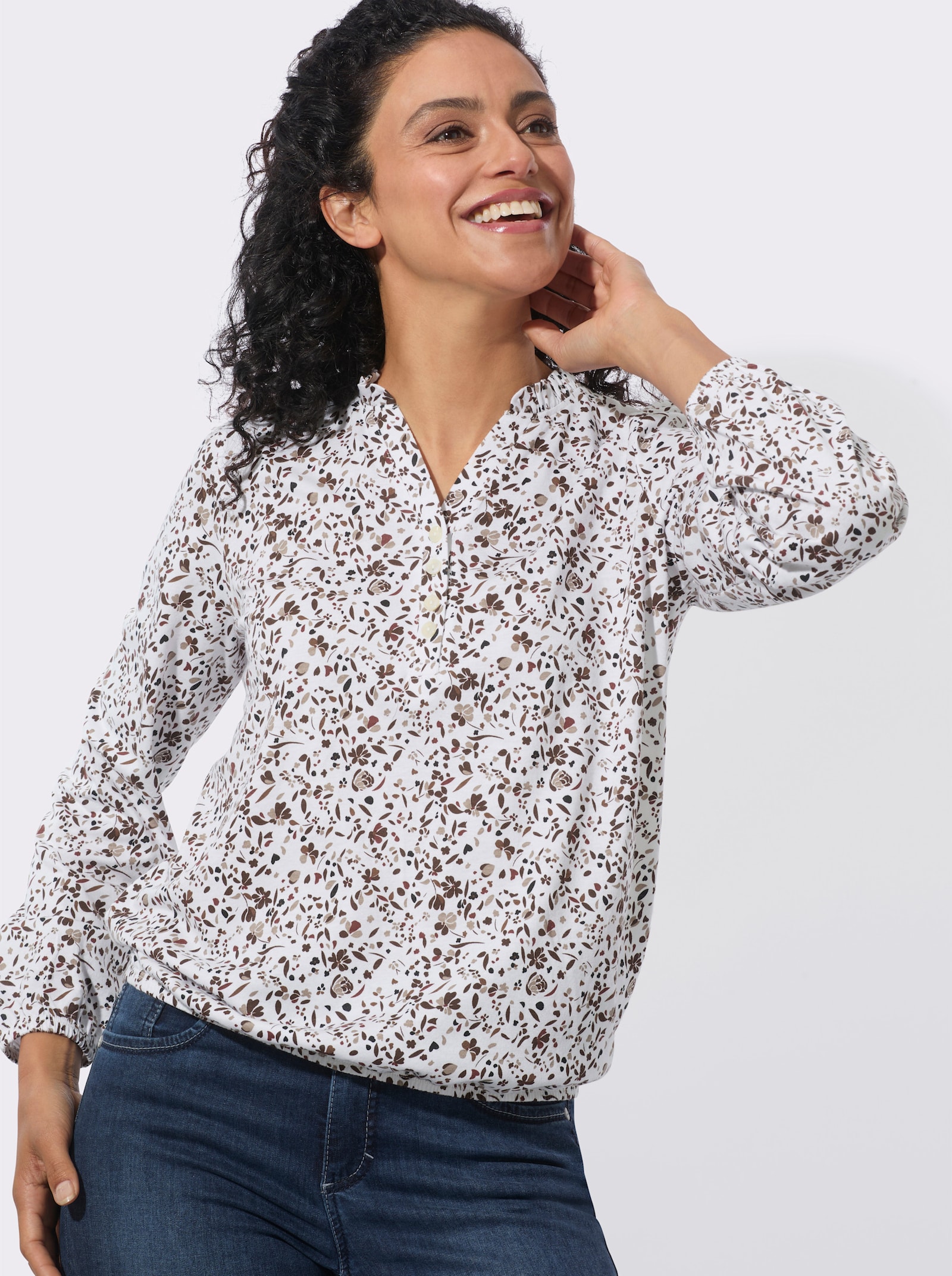 Langarmshirt mit Gummibündchen - ecru-rotbraun-bedruckt
