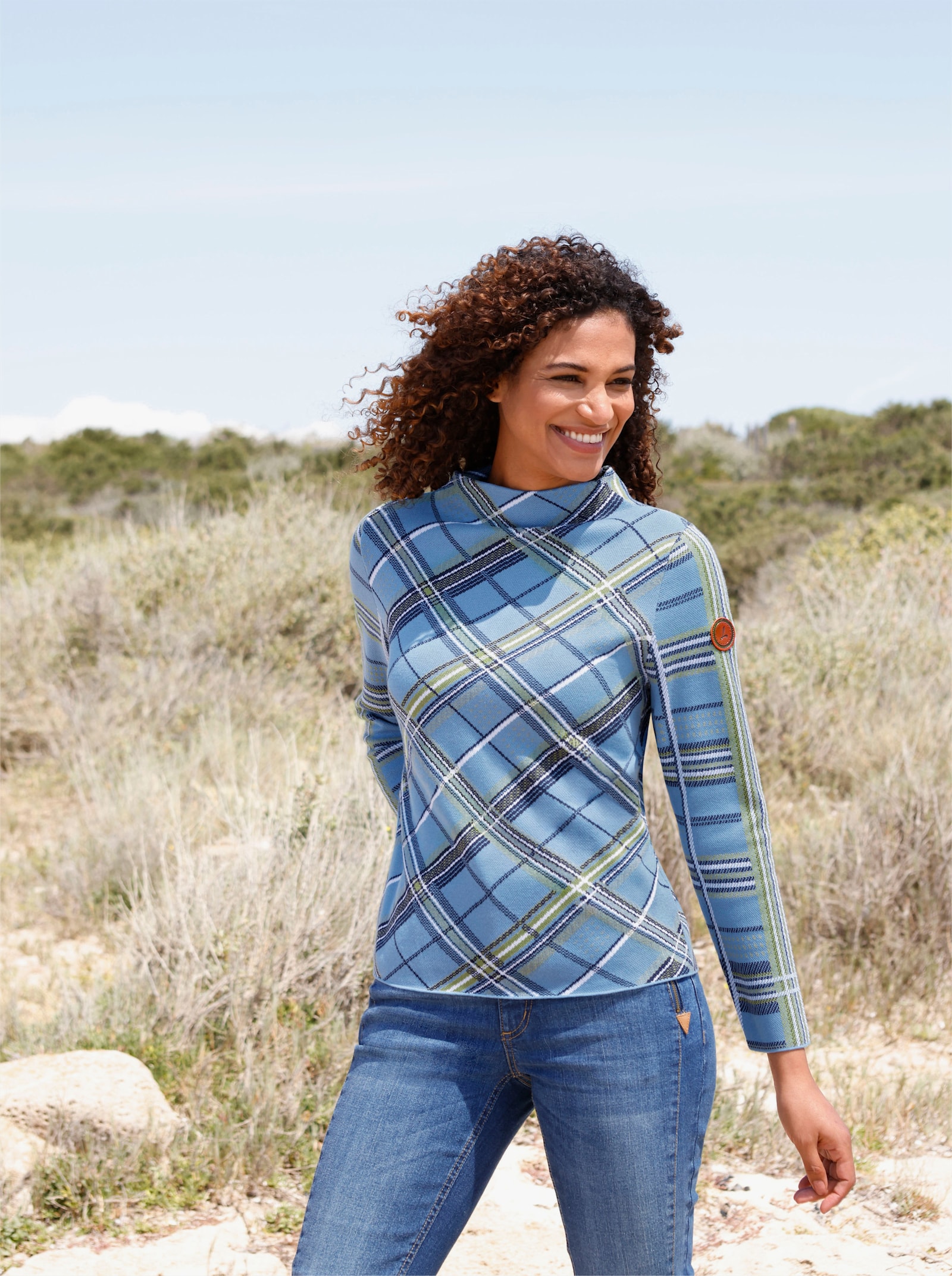 Pullover mit Stehkragen - mittelblau-schilf-gemustert