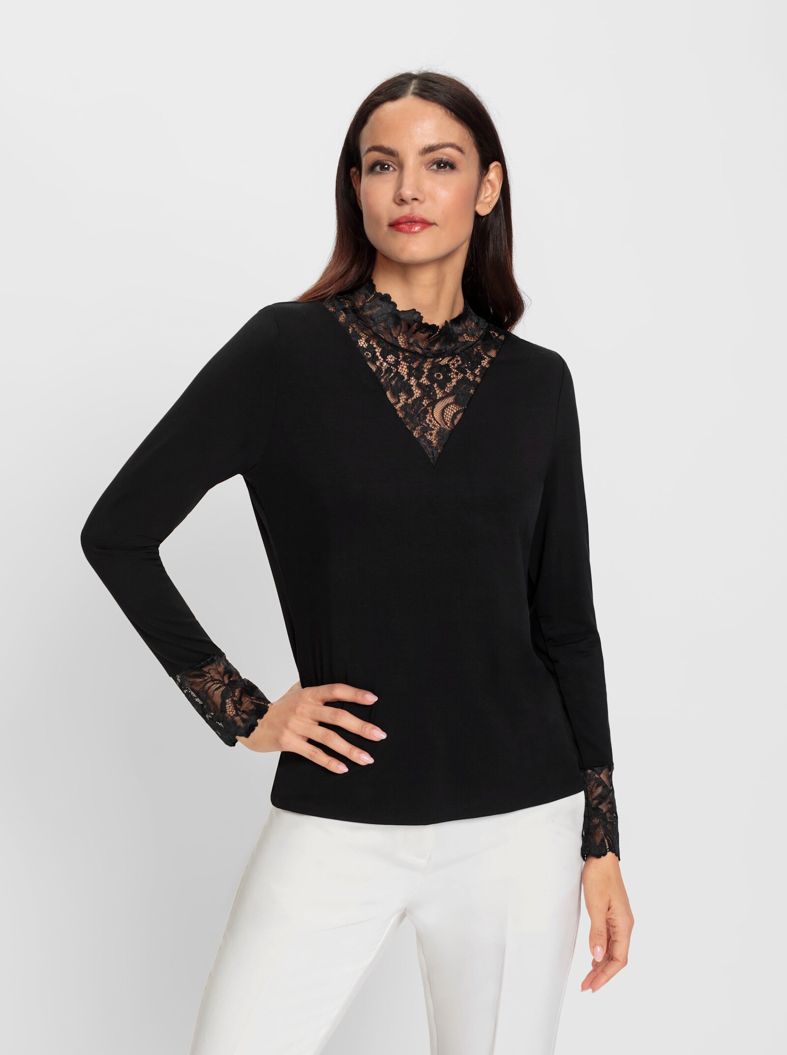 heine Stehkragenshirt mit transparenter Spitze - schwarz