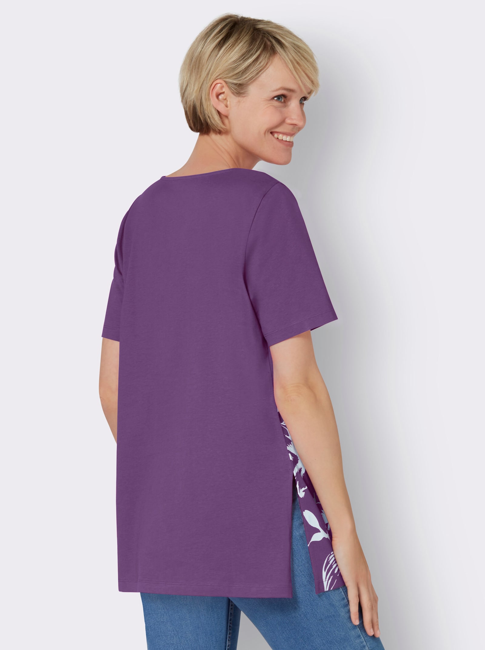 Lang shirt met vierkante hals, gebloemd - paars/wit