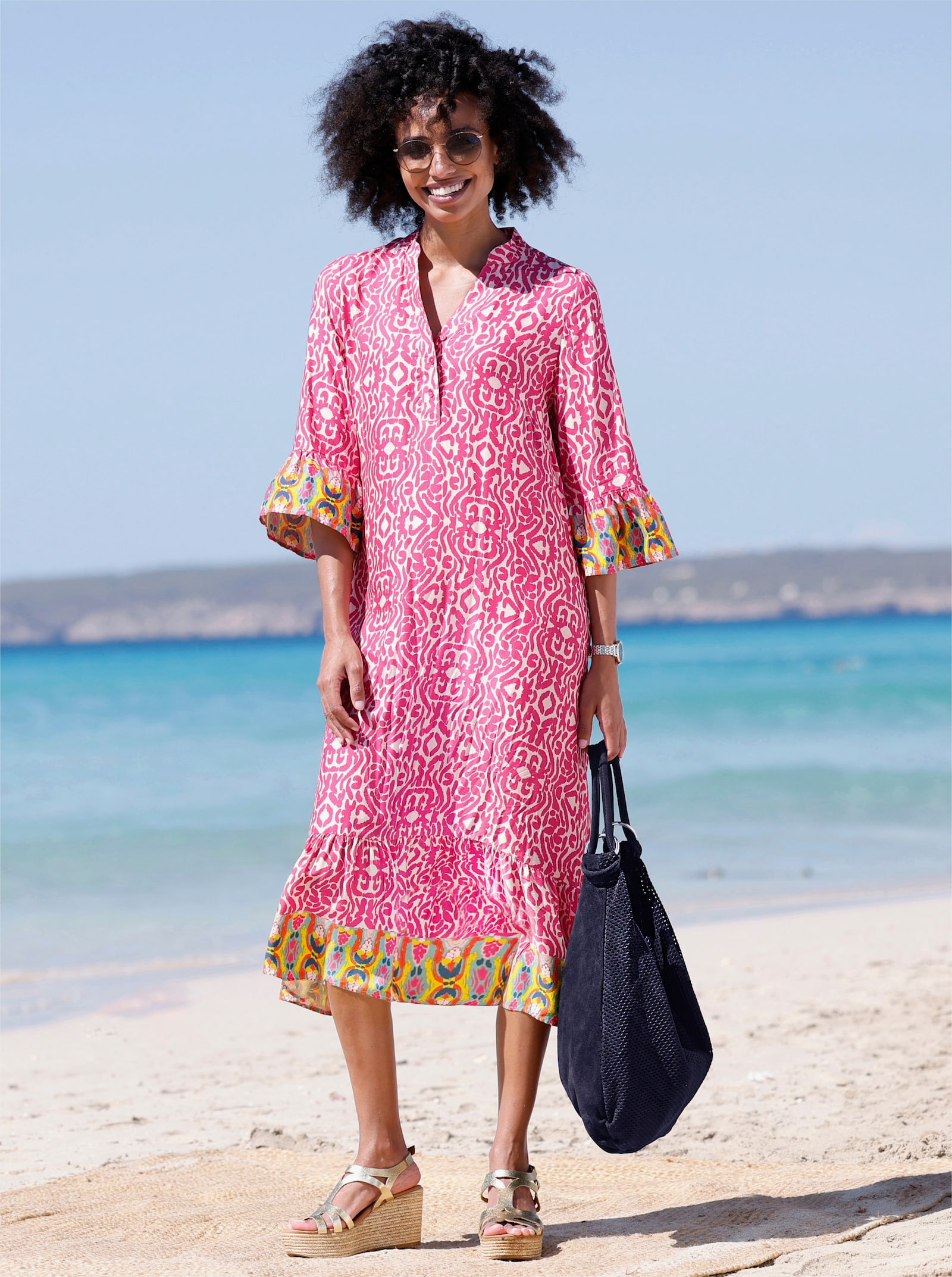 heine Jurk met print en volants - fuchsia/ivoor bedrukt