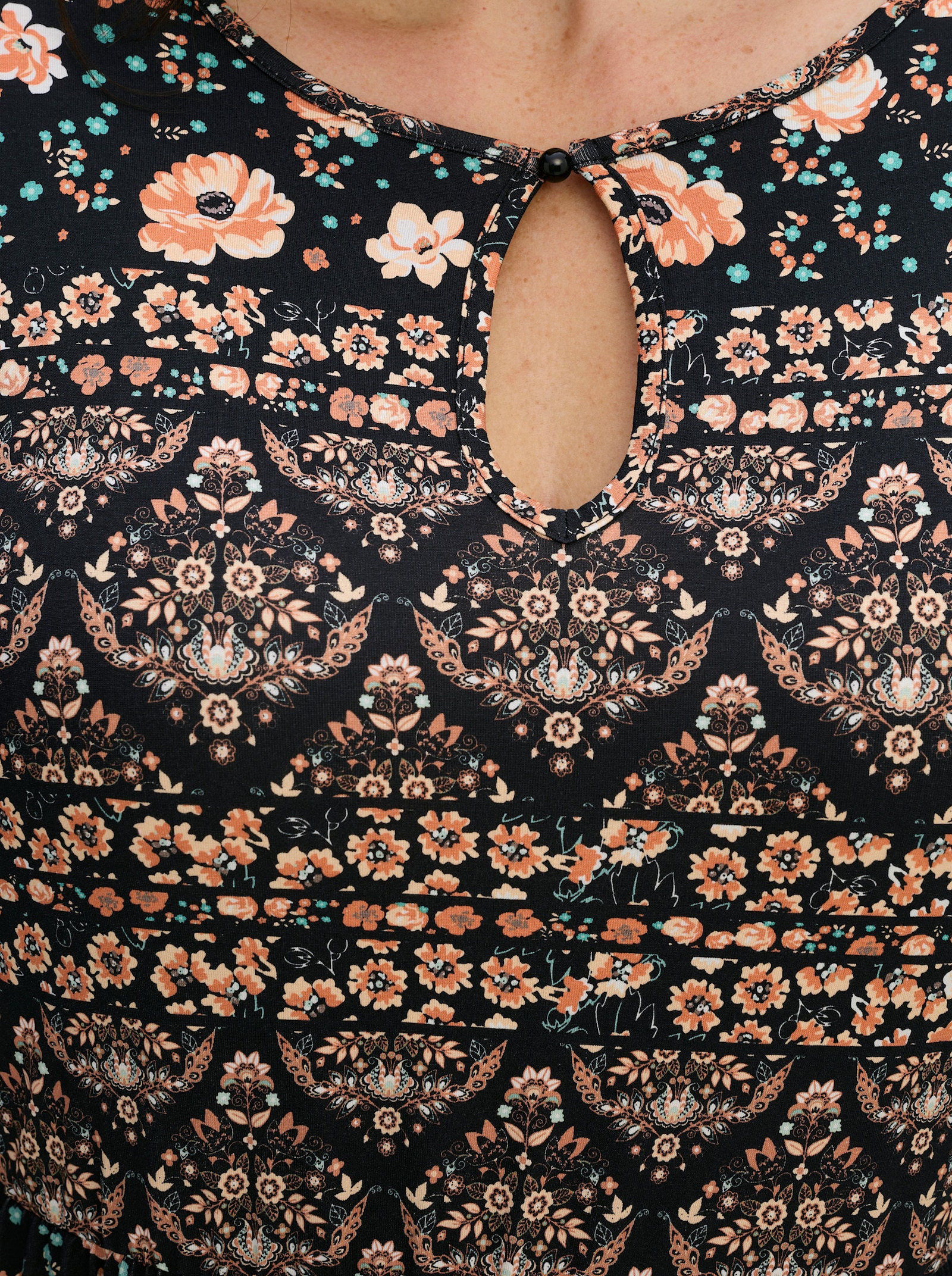 Jerseykleid mit Gummizug auf Taillenhöhe - papaya-schwarz-bedruckt