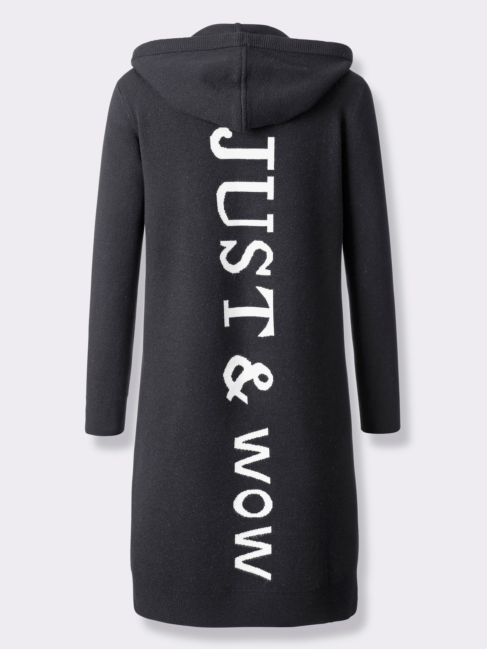 Longstrickjacke mit Kapuze - schwarz-ecru