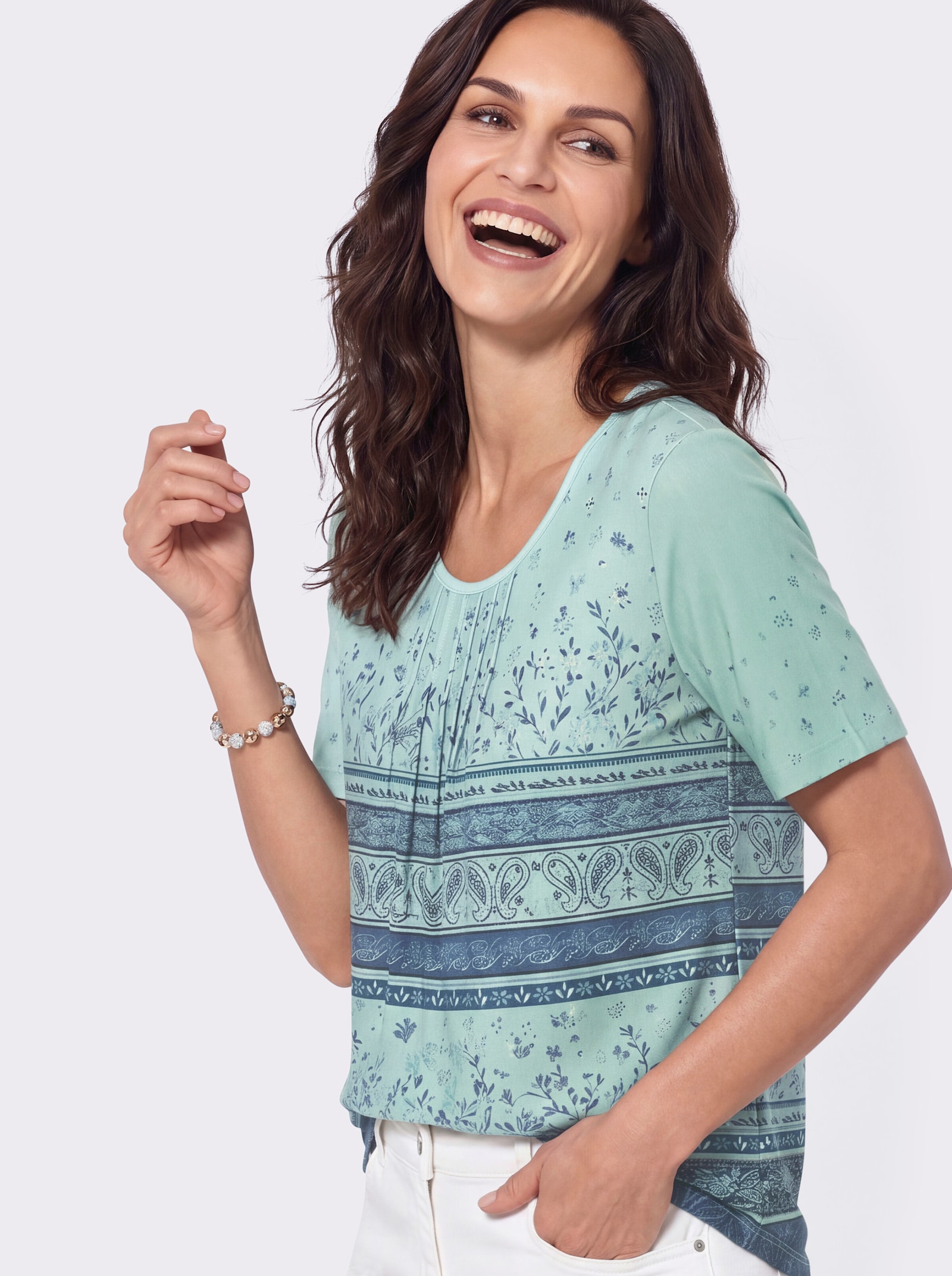Tunikashirt in A-Silhouette - mint-dunkelblau-bedruckt