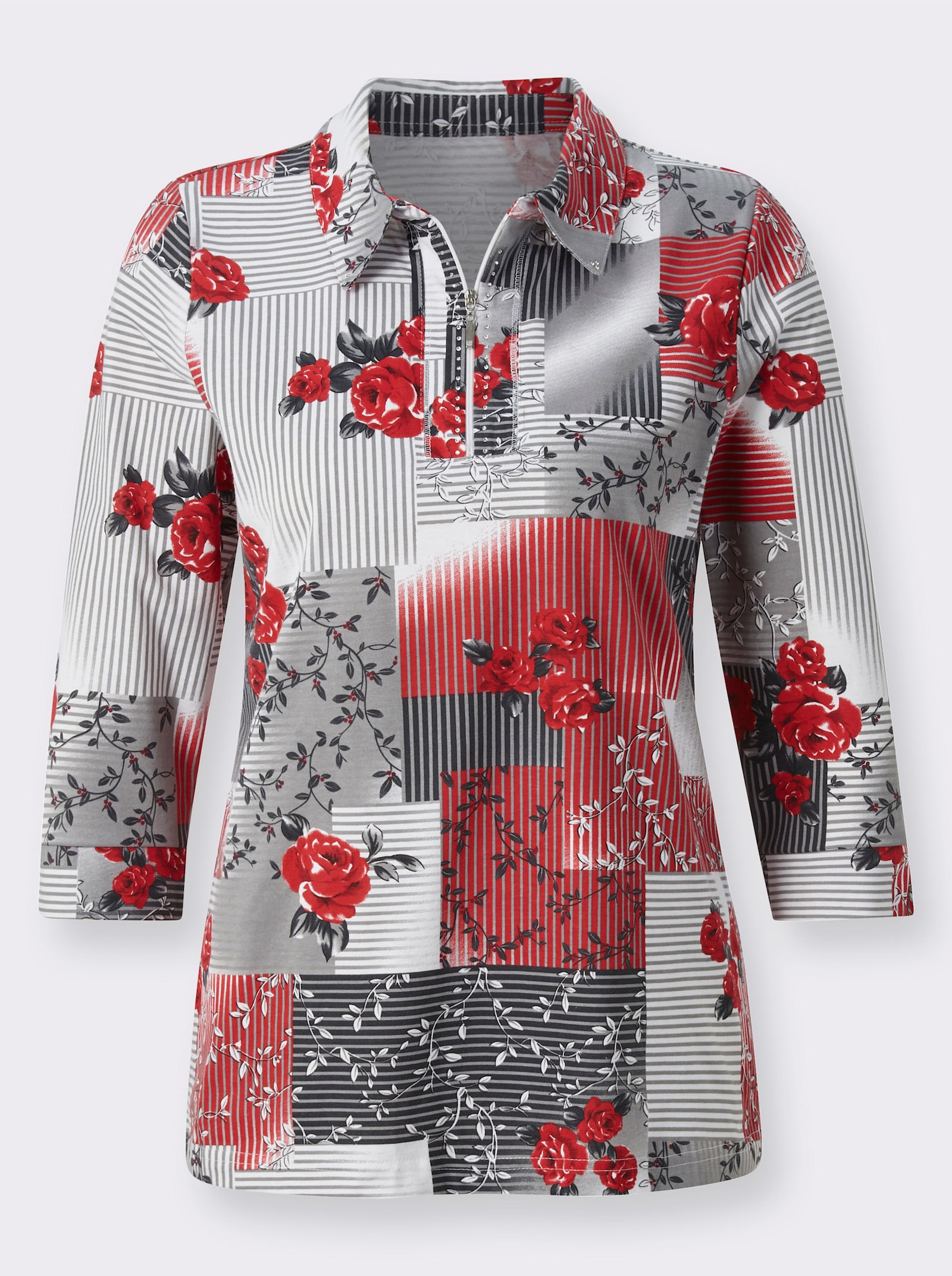 3/4-Arm-Shirt mit Glitzersteinchen - erdbeere-steingrau-bedruckt