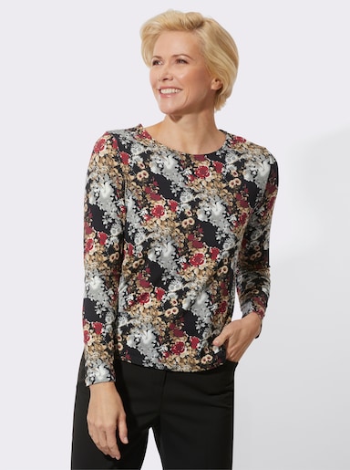 Rundhalsshirt mit 95% Viskose (ECOVERO) - dunkelrot-camel-bedruckt