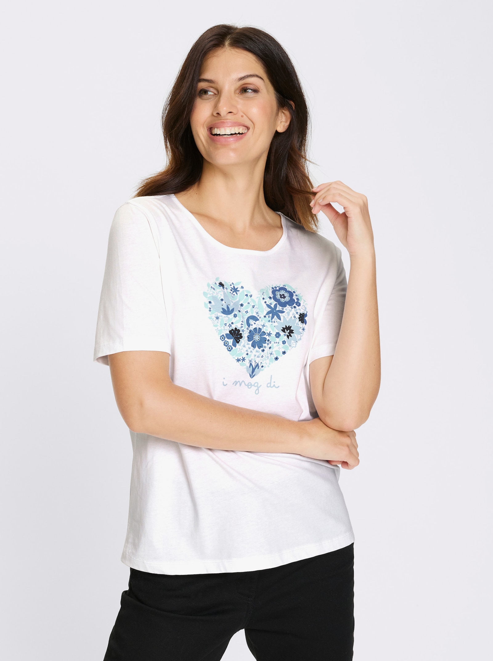 Tričko s krátkým rukávem a potiskem se srdíčky na předním dílu - bílá-ledová modrá