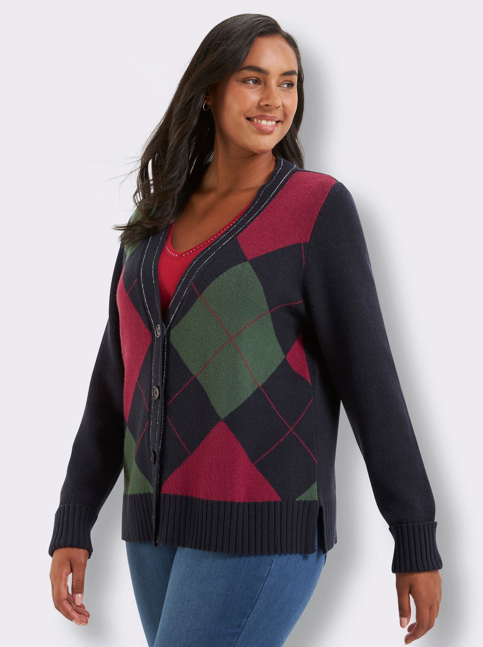sheego Jacquardstrickjacke mit Lurexfaden - tiefblau-kirsche-gemustert