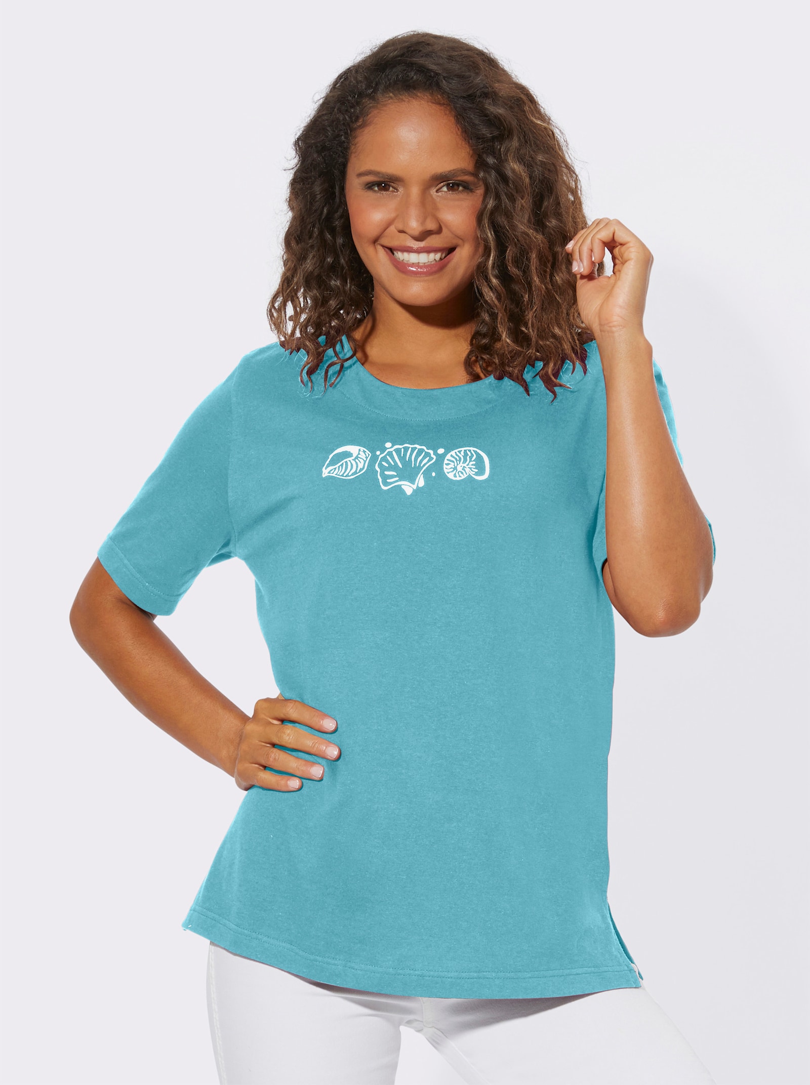 T-shirt à manches courtes avec imprimé coquillages - turquoise