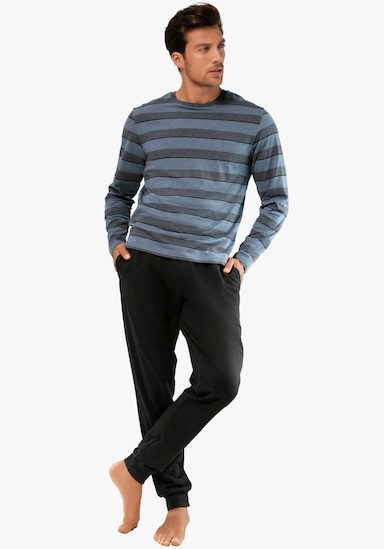 H.I.S Pyjama - blau-meliert-gestreift, schwarz