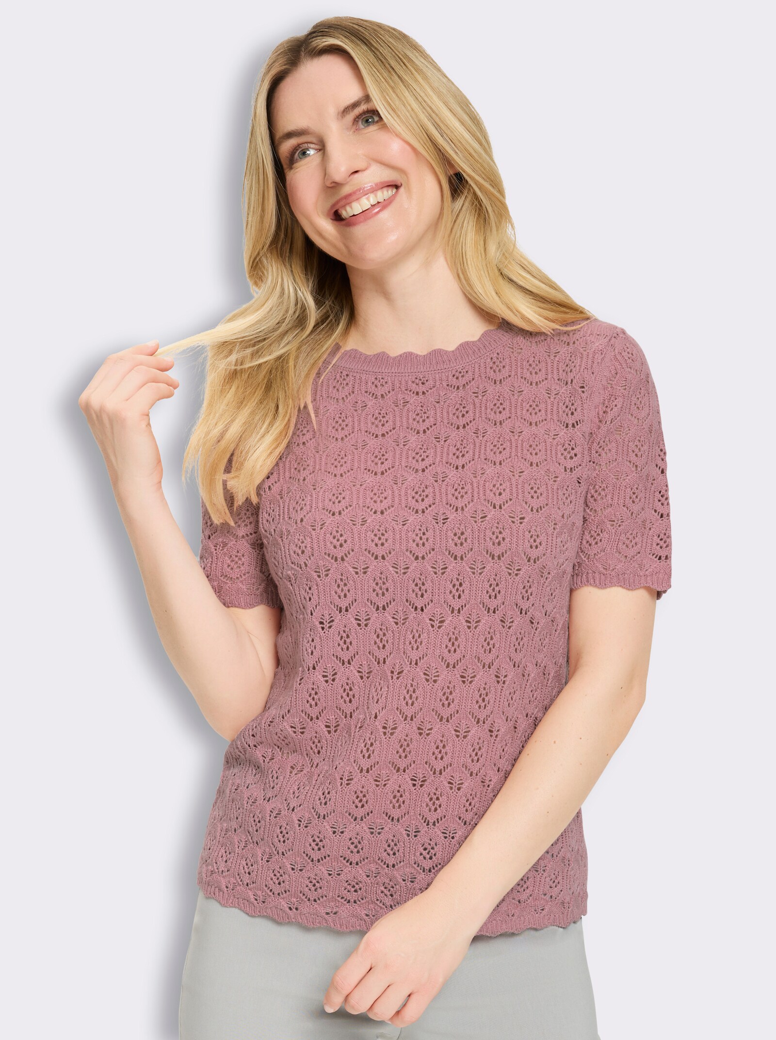 Ajourpullover mit gewellten Abschlüssen - hortensie