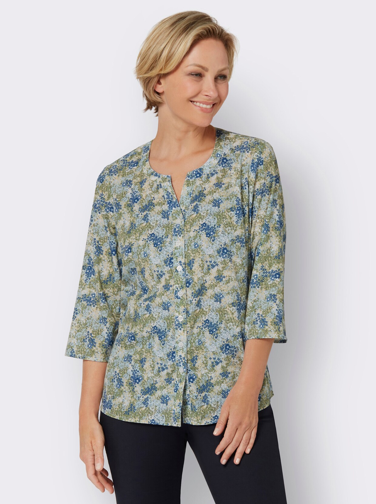 Druckbluse - weiß-jeansblau-bedruckt