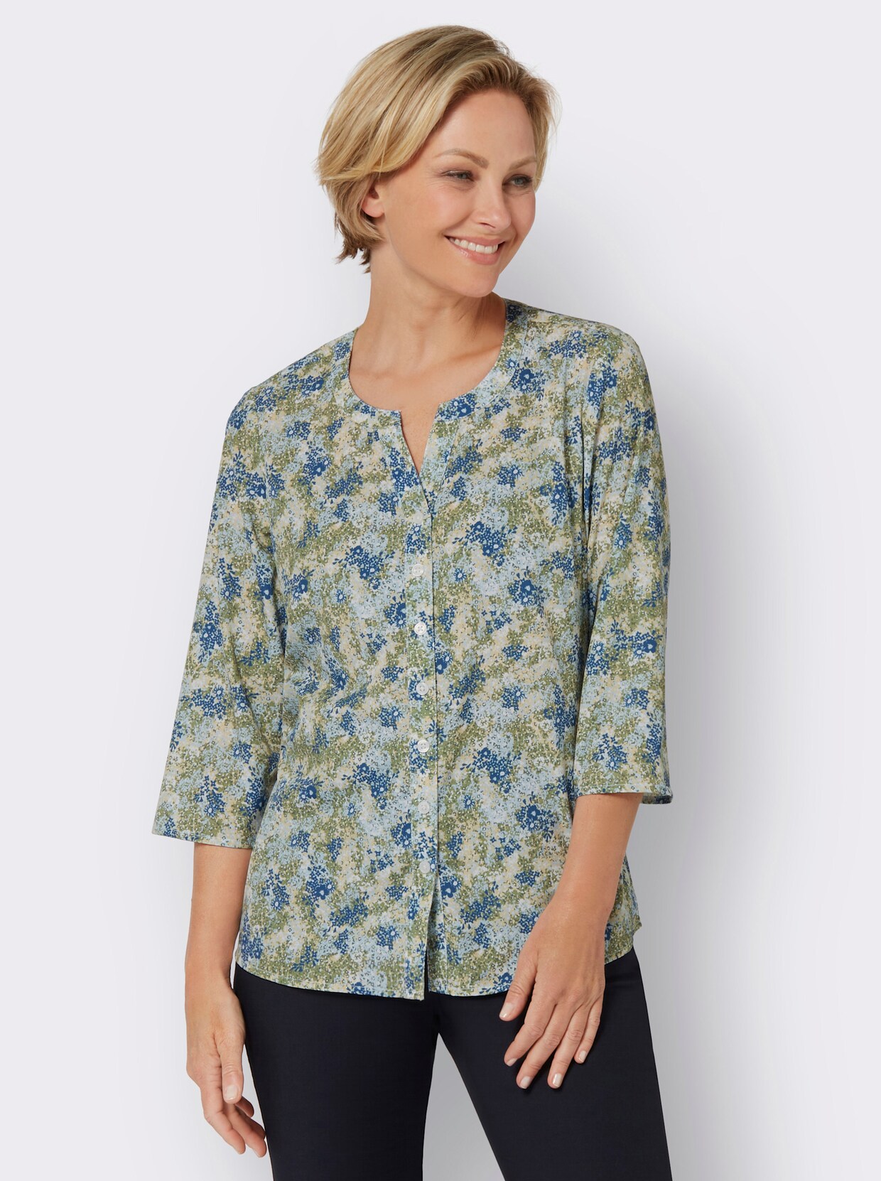 Bluse - weiß-jeansblau-bedruckt