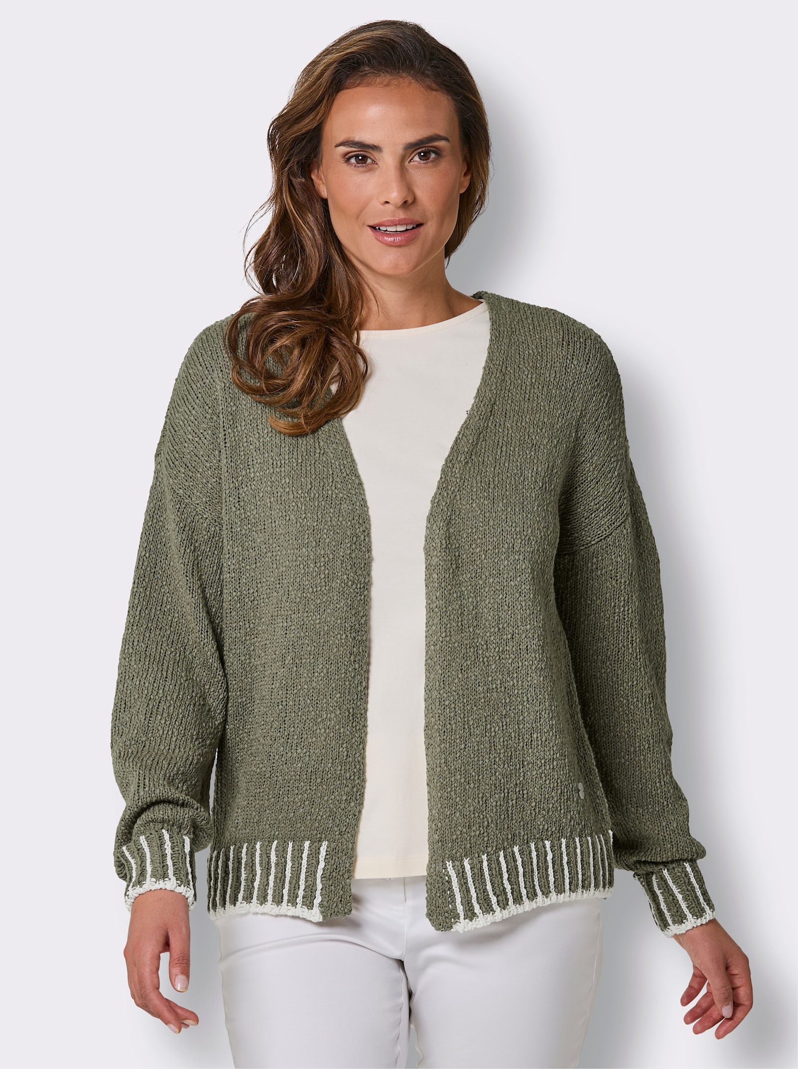 CREATION L PREMIUM Strickjacke mit Kontrast-Streifen - khaki