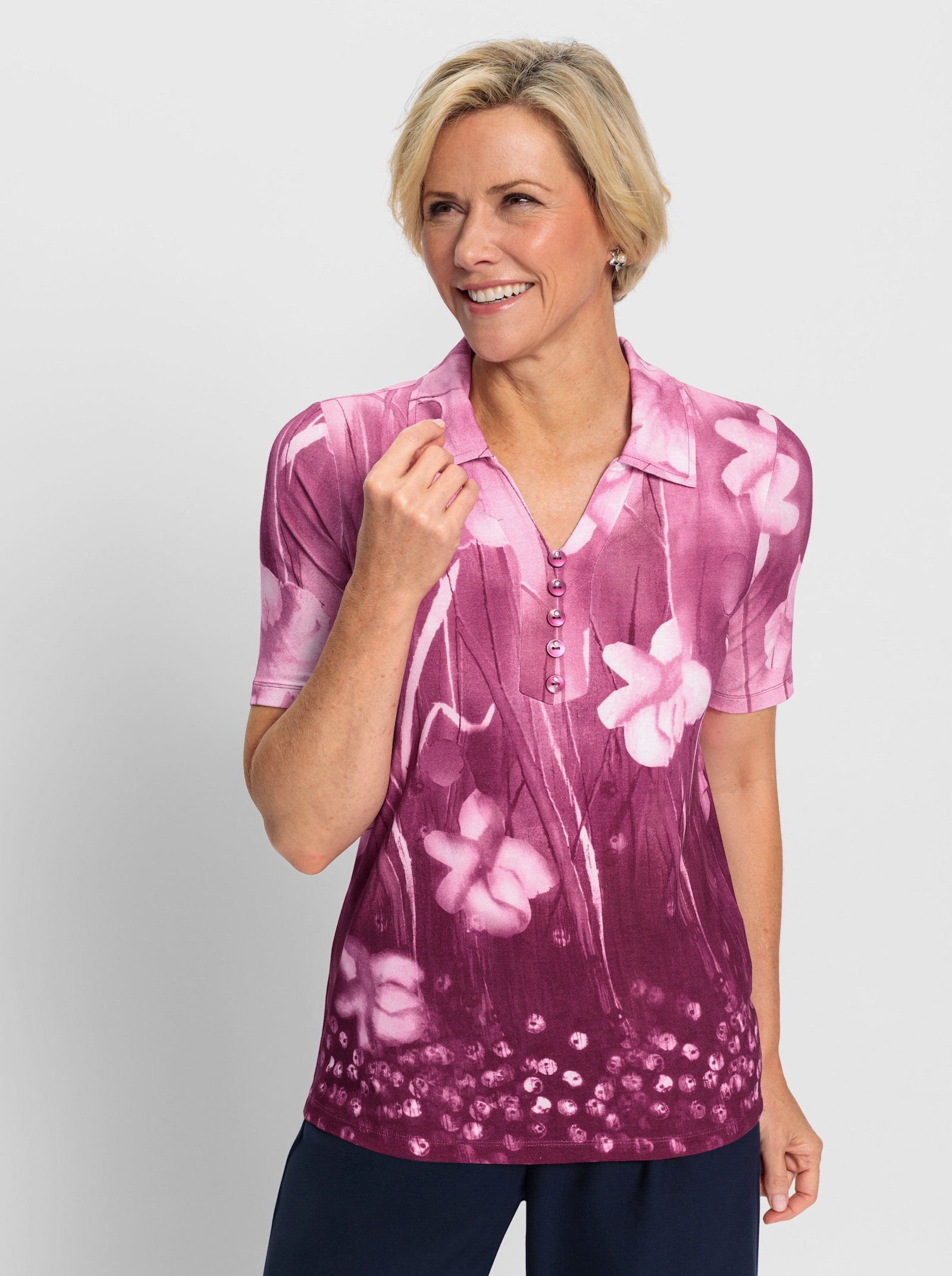 Poloshirt mit Blüten-Druck - erika-ecru-bedruckt