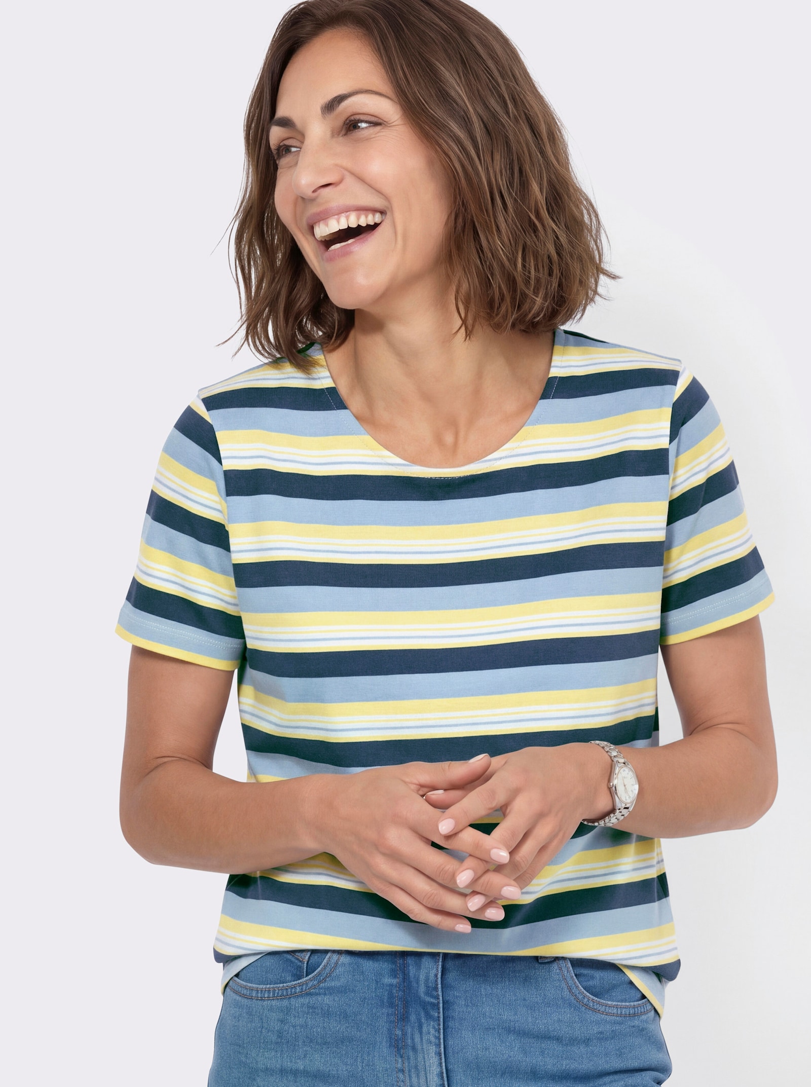Ringelshirt mit Rundhals-Ausschnitt - dunkelblau-zitrone-gestreift