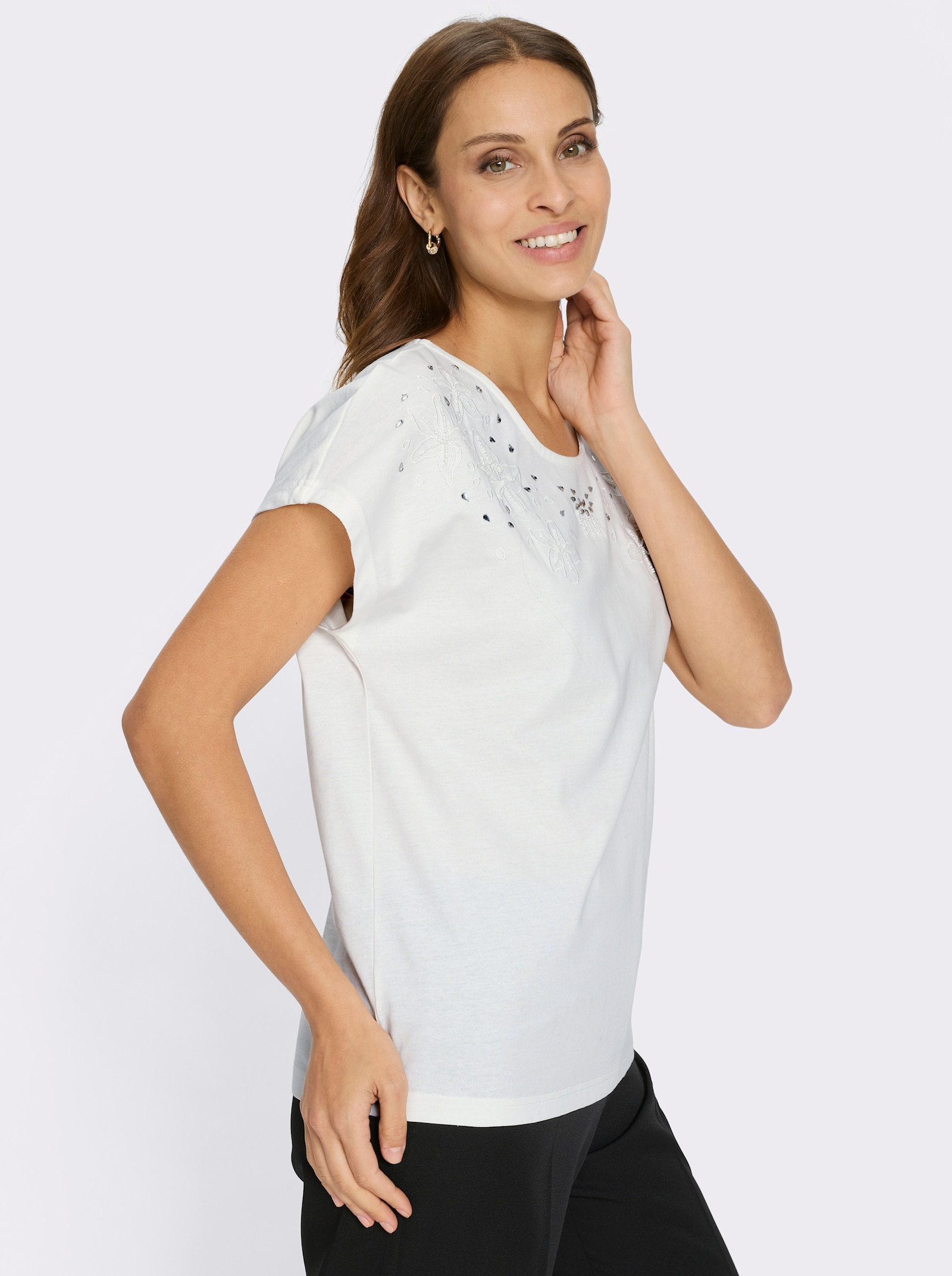 Rundhalsshirt mit Zierperlen und Glitzersteinchen - ecru