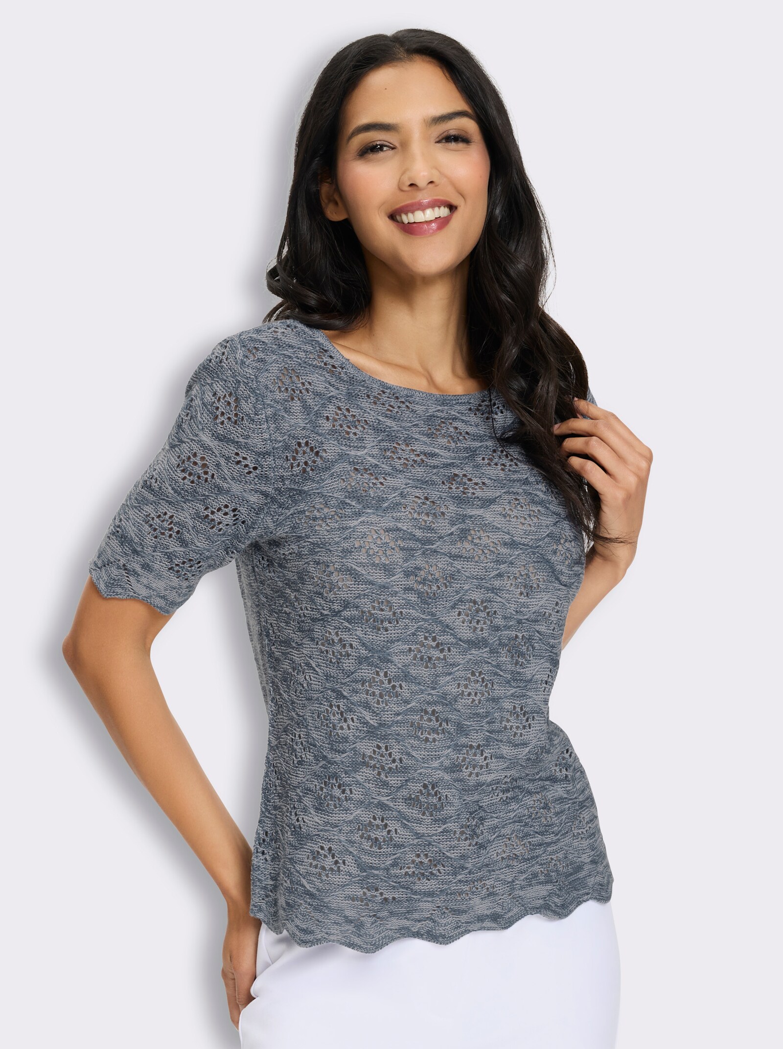 Kurzarmpullover mit Ajour-Muster allover - rauchblau-weiß-meliert