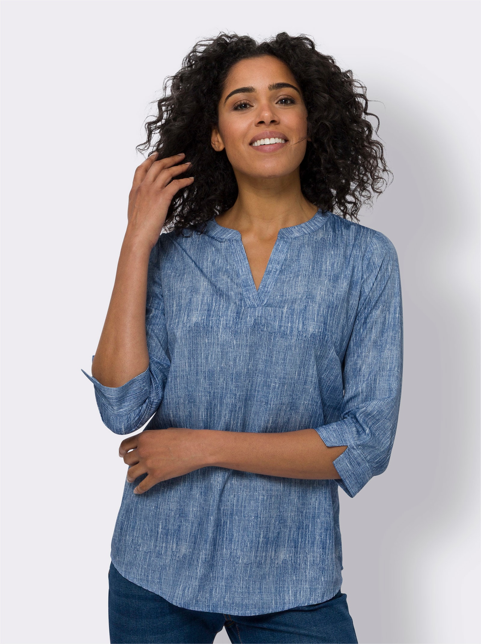 Comfortblouse in gemêleerde look - jeansblauw/ecru bedrukt