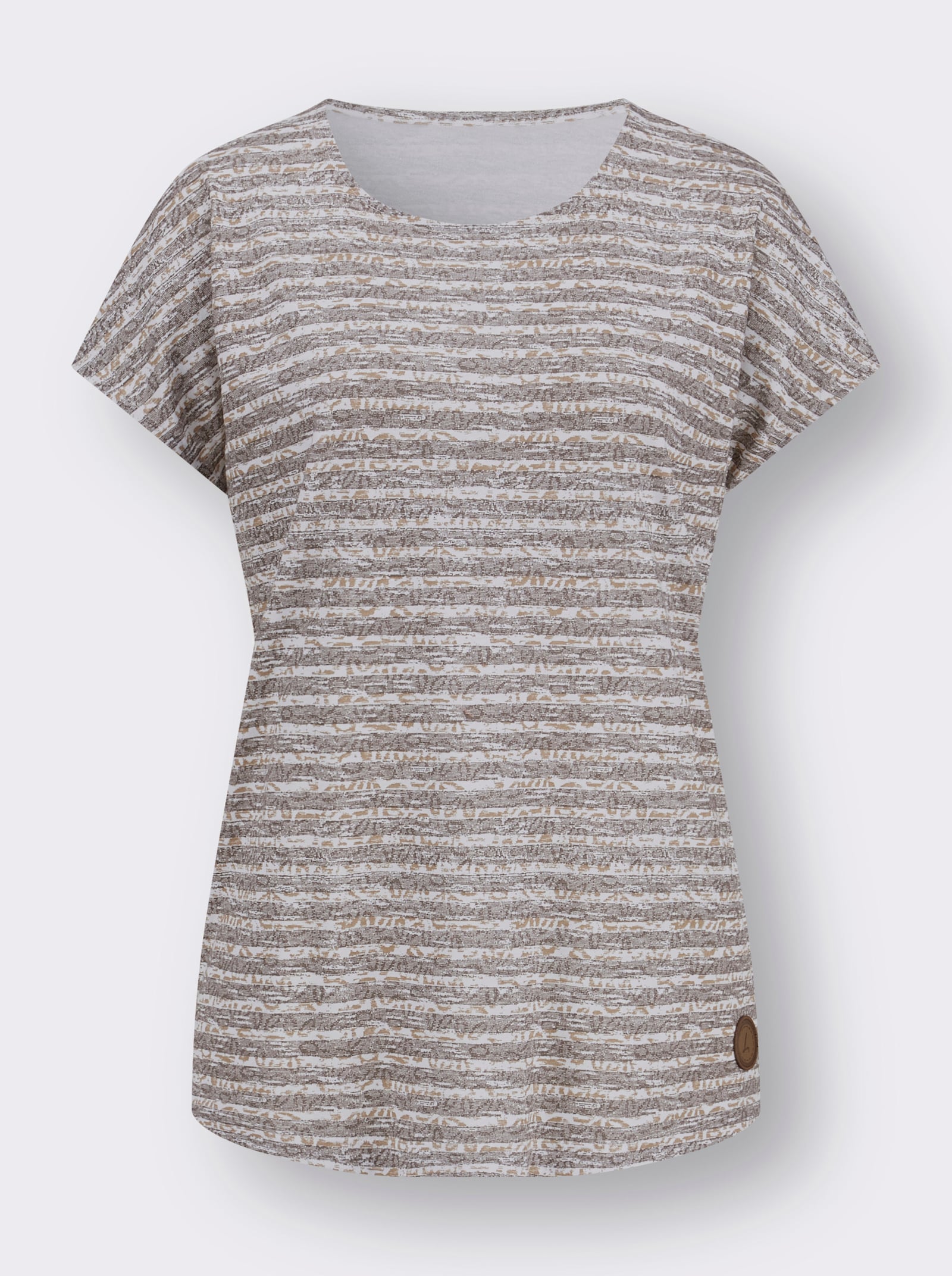 Rundhalsshirt mit weicher Baumwolle - taupe-ecru-geringelt